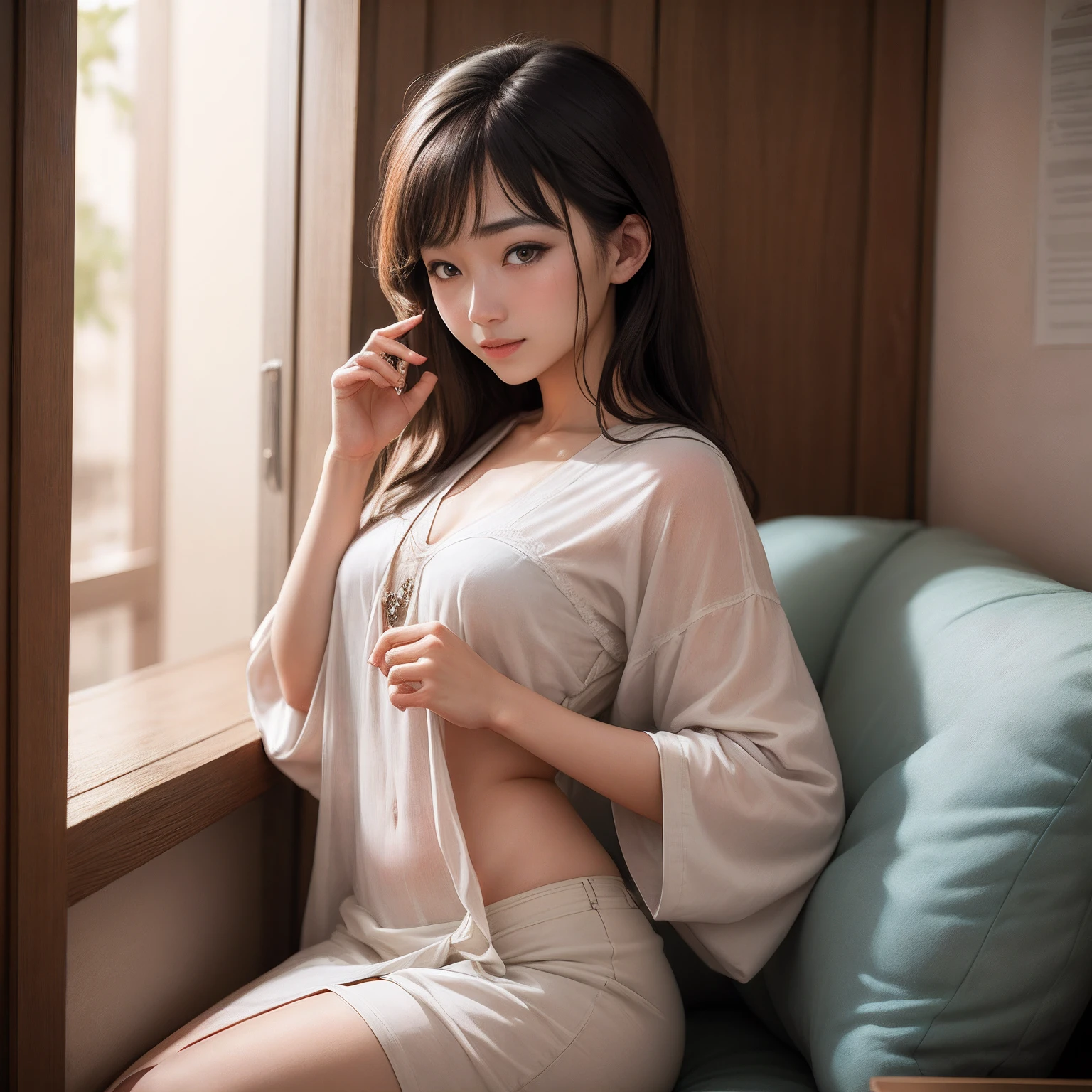Young japanese lady Ecstatic look Lonely look Beautiful fingers The nasal muscles are passing through Small bumps Brown eyes Realistic realisticlying realisitic the real thing Live action Beautiful hair Early 20s
