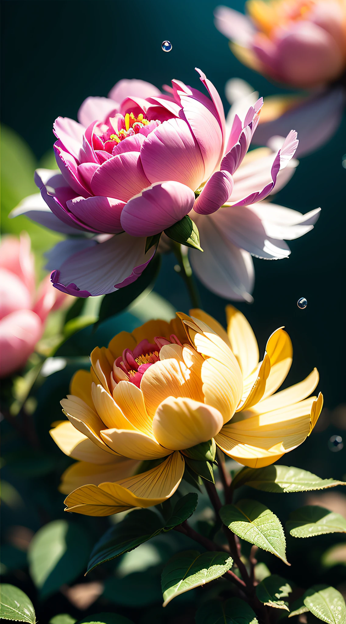 microscopic world , Masterpiece , Macro photography , cobweb, film grain, bokeh , smoke , highly detailed, Bright sunny weather, microflowers, drops, blur, realistic peony close-up, azure background, octane render , unreal engine