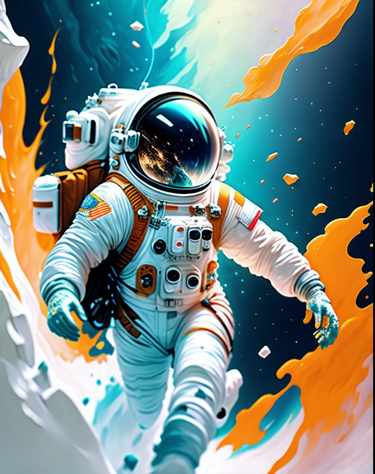 astronaut, climbing the asteroid, character render, ultra high quality model, ethereal background, abstract beauty, explosive volumetric, oil painting, heavy strokes, paint dripping