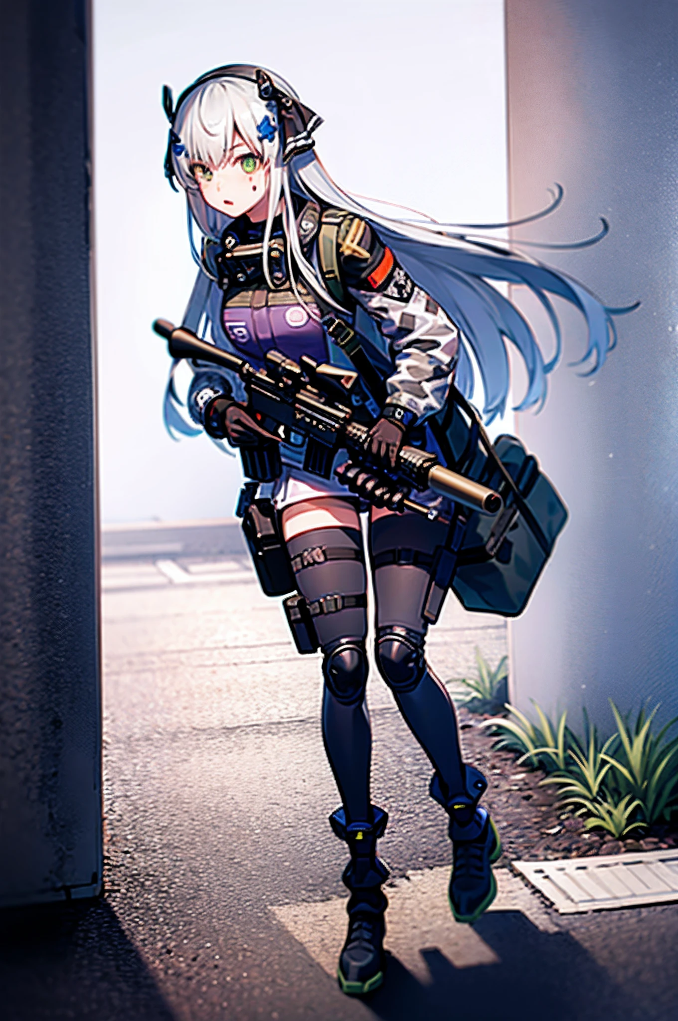 1girl, solo, masterpiece, anime girl in camouflage holding a rifle and walking on a dirt road, mechanized soldier girl, infantry girl, soldier girl, heavily armed, ready for combat, of a sniper girl in war, military girl, artwork in the style of guweiz, m4 sopmod ii girls frontline, guweiz on artstation pixiv, dressed in tactical armor