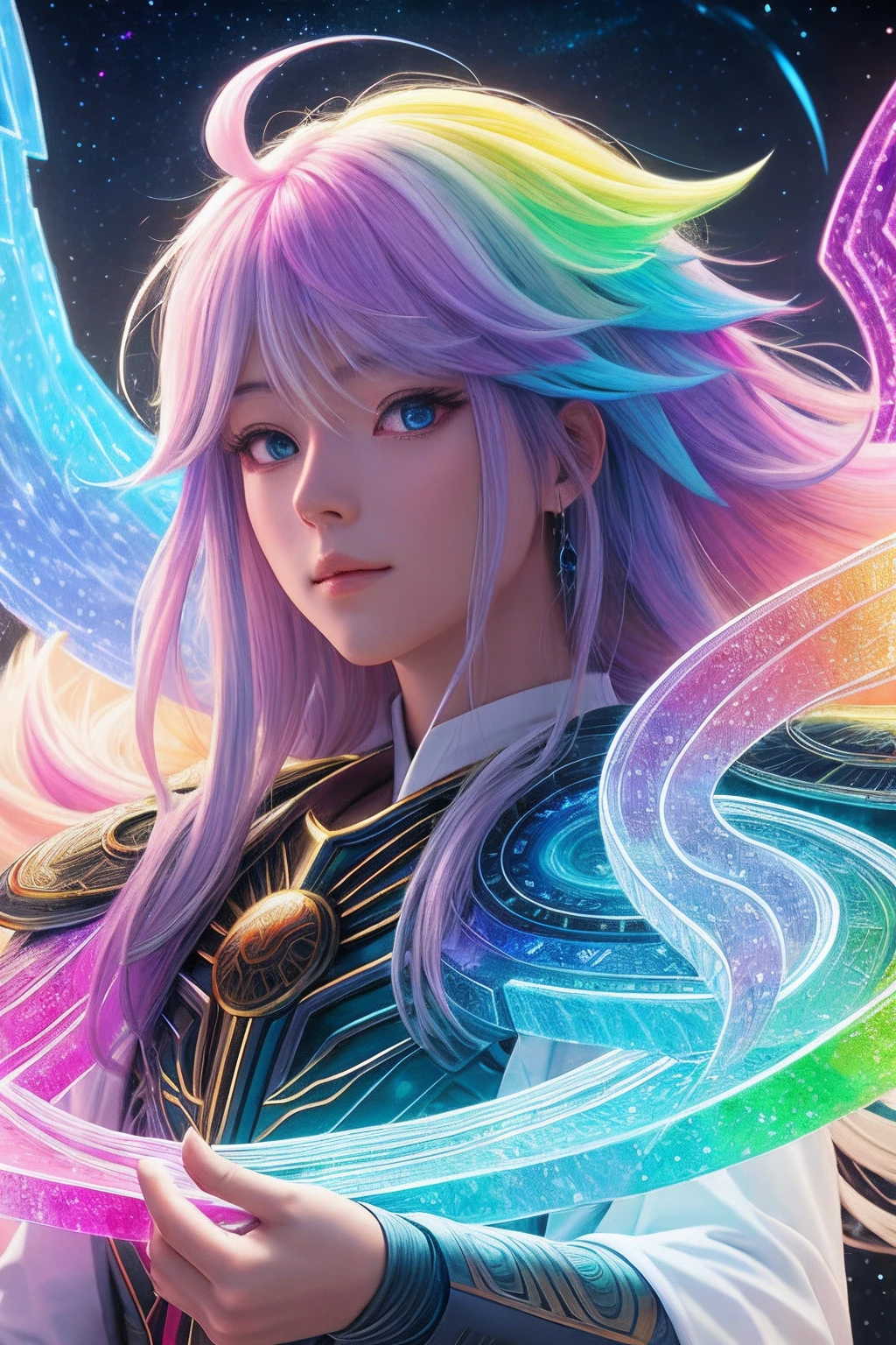 high high quality, 8K Ultra HD, Super detailed,Create a character named Rainbow Selenite Thor,It has a soft glow effect, In the artistic style of "Ichi no Kuni".