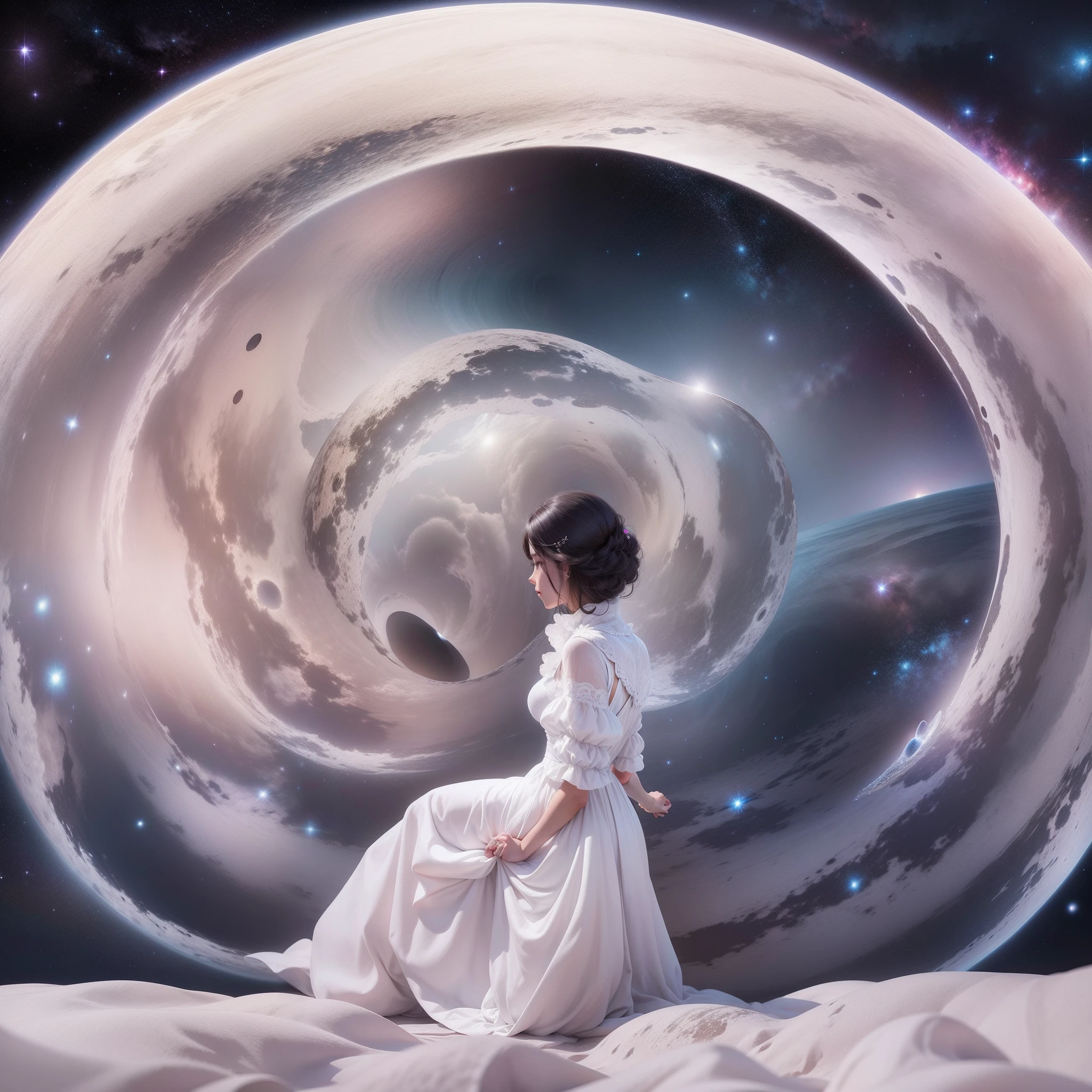 Paisagem, Fantastic night, galaxies in the sky. A woman dressed in white observes a black hole through the telescope. Bottom image showing the ground and sky