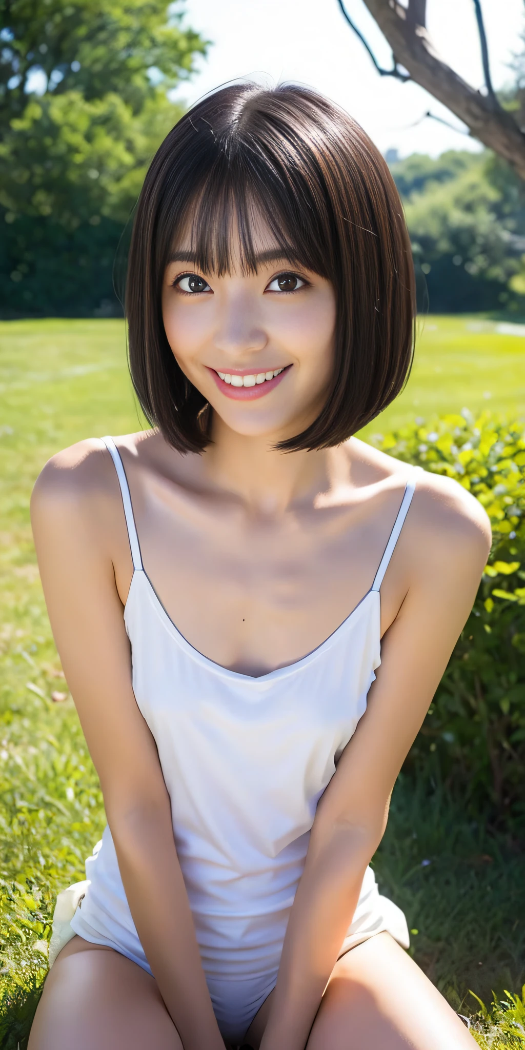 neat college girl、petite person、((Large, loose white camisole、white panties、Straight Bob Hair))、Outside the field、(Slimed、small tit、flat boobs、small tit)、Photorealsitic、detaileds, Skin Texture, ultra-detailliert、Delicate and sexy collarbone、A smile、Super Detailed Face、Detailed lips、A detailed eye、二重まぶた、Sitting on legs bending the knees、Squatting、White panties are visible from the skirt、sexy pose、Shorthair with bangs、Straight bob hair、