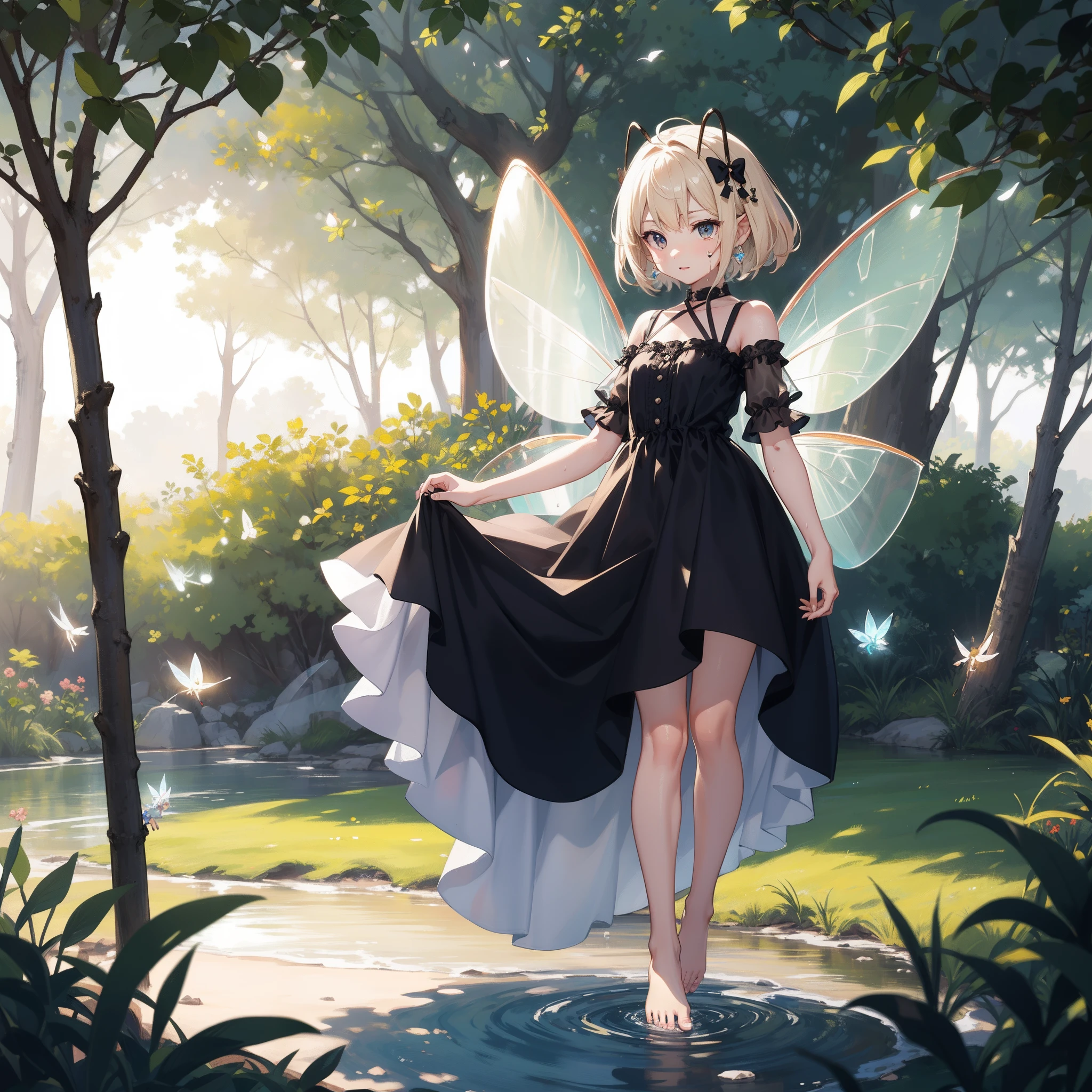 dynamic angle,full body shot,low shot,BRAKE action:1.6,chibi:1,8,(Transparent fairy wings:1.6),very cute female child:1.8,8 yo,1 bird,blue hear:1.5,Playing by the river:1.5,Barefoot,Sweat,BRAKE Summer,day,Flat breasts,BRAKE (4K), (Raw photo: 1.2), (Realism: 1.4), (masutepiece: 1.3), (exquisite detailing: 1.2), Delicate and beautiful details, (Eye Detail), (Facial Detailed), (Highest Quality) :1.4), (Hyper-Resolution: 1.2), (very detailed illustration), Best Quality,depth of fields, Wide light, natural shadows
