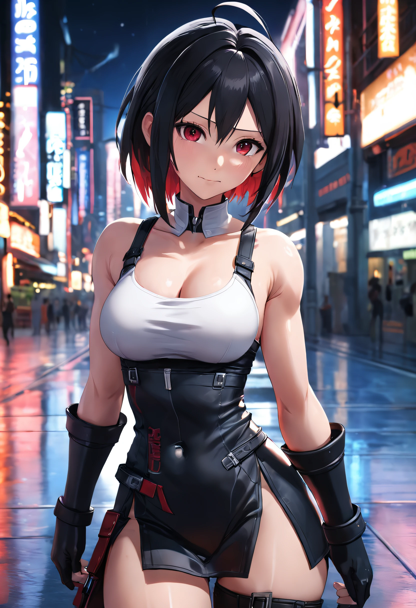 (cabello despeinado), (illustration), retrato, (fondo de ciudad futurista), (arms behind back), Cintura delgada, gran sonrisa, abdominales fuertes, chica delgada, strong abs, muscle girl, front pose, big thighs, focus on face, flat chested, large city background, blue hair, red eyes, skirt, sit on rock, detailed vagina, nude, heavy armor suit