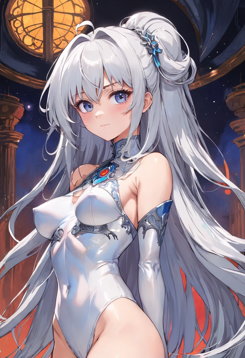 (NSFW:1.3), masutepiece,Best Quality,Highly detailed,(Beautiful detailed eyes:1.2), (1980s \(Style\),retro artstyle), (Anime cel style in the 1980s:1.2), Vivid colors, Blight color, (very sagging chest:1.4), (Huge :1.3), (huge areolas:1.1), Hair Ornament, Silver hair, Long hair,Blunt bangs,(white leotard),In a church, (Excellent professional oil painting of beautiful Victorian girl),Evil smile,Pristes,profile,costum,
