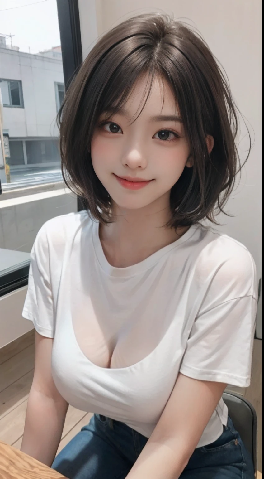 tmasterpiece,top-quality,超高分辨率,(photograph of-realistic:1.4),((1个Giant Breast Girl,Fair skin:1.4,Look up at the viewer,19years old,prette,adolable,brunette color hair,Bob_cut,cabelo curto com franja)),A girl with a perfect figure,Loose sheer lace top,cowboy lens,Coffee on the table,The large,Pubic hair shows through,(ssmile,cheerfulness,cheerfulness,cheerful big breasts,Keep one's mouth shut),(Huge breasts),High detail eyes,long necks,(((cabelo curto com franja)))),eyeslashes,largeeyes,(((is very beautiful,is very beautiful)),(((Natural soft light,Prick your ears,staring at the audience,seduce to viewer,Highlight the eyes)))),the lora:GirlfriendMix 2:1