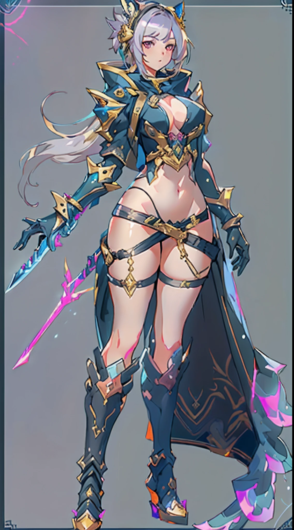 Design a layout showcase Gaming character, ((1girl)), assasin:1.4, Golden+Purple clothes, (big_boobs, big_ass), Black_Desert_style, stylish and unique, ((showcase weapon:1.4)), magic staff, (masterpiece:1.2), (best quality), 4k, ultra-detailed, (Step by step design, layout art:1.5), (luminous lighting, atmospheric lighting), Final Fantasy style, magican, ((glove full hands)), fran, viera, (((revealing clothes:1.3))), vambraces, armored legwear, (((full_body_shot:1.4))), Niji, back_view, T_pose