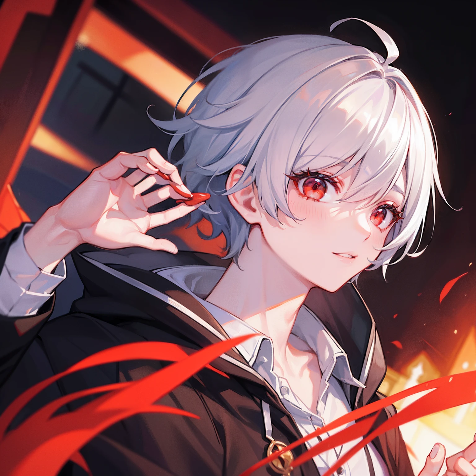KK, top-quality, detaileds, masterpiece, 1boy, Ken Kaneki, portraitures, male focus, red eyes, 独奏, bangss, looking at the viewers, hoods, shorth hair, Sateen, Tokyo Tokyo \(sity\), Hood Up,A black、 manicure, white hair, opulent, 8K, detaileds, Ray traching, depth of fields, 电影灯光,
