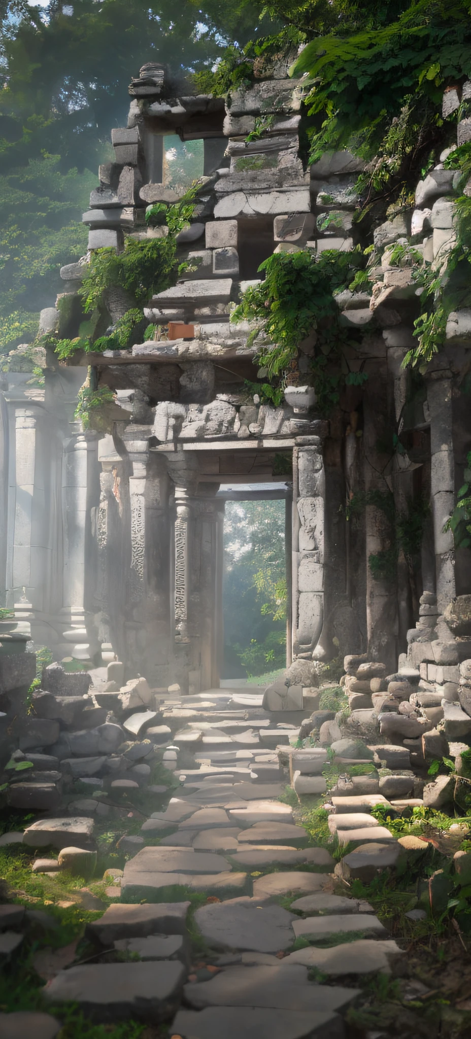 There is a stone path leading to the stone building with a gate, mysterious temple setting, secret overgrown temple, Temple ruins, ancient ruins in the forest, lost temple, Ancient temple ruins, Ancient temple, White stone temple ruins, Temple background, ruined temple, ancient magical overgrown ruins, ancient ruins background, ancient overgrown ruins, overgrown jungle ruins