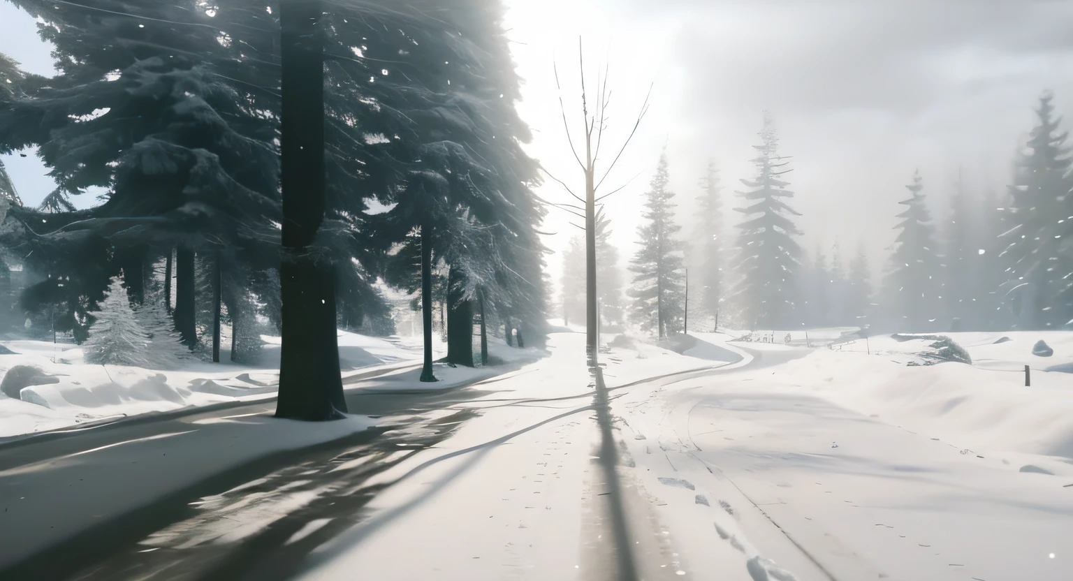 Close-up of snow-covered roads，Trees and snow, realistic unreal engine 3 d game, cinematic forest lighting, Cinematic, smooth Unreal Engine, solar flare unreal engine, rendered in cryengine, game footage, in-game cinematic, unreal engine cinematic smooth, illusory engine. retro film still, hyper-realistic environment, Cinematic Unreal Engine, Unreal Engine movies