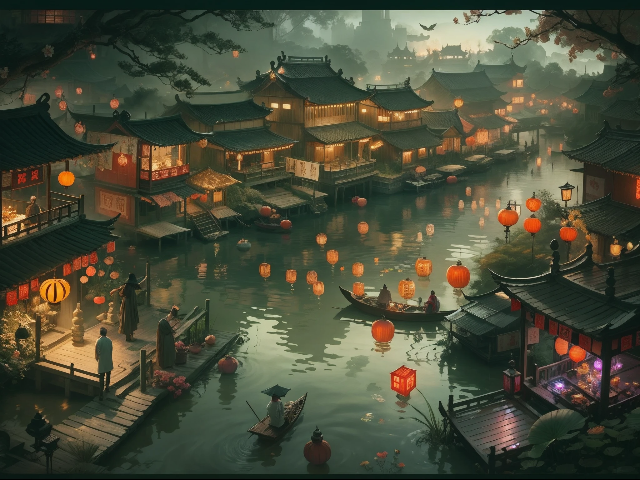 The ancient town holds a grand festival，Spooky atmosphere，smooggy，Incense，The mysterious old man threw the lotus lantern into the river，There are many lotus lanterns in the river（（The Middle Yuan Festival at night，Ghost Festival，Scary scenes，smooggy）），ancestor worship、Put river lights、