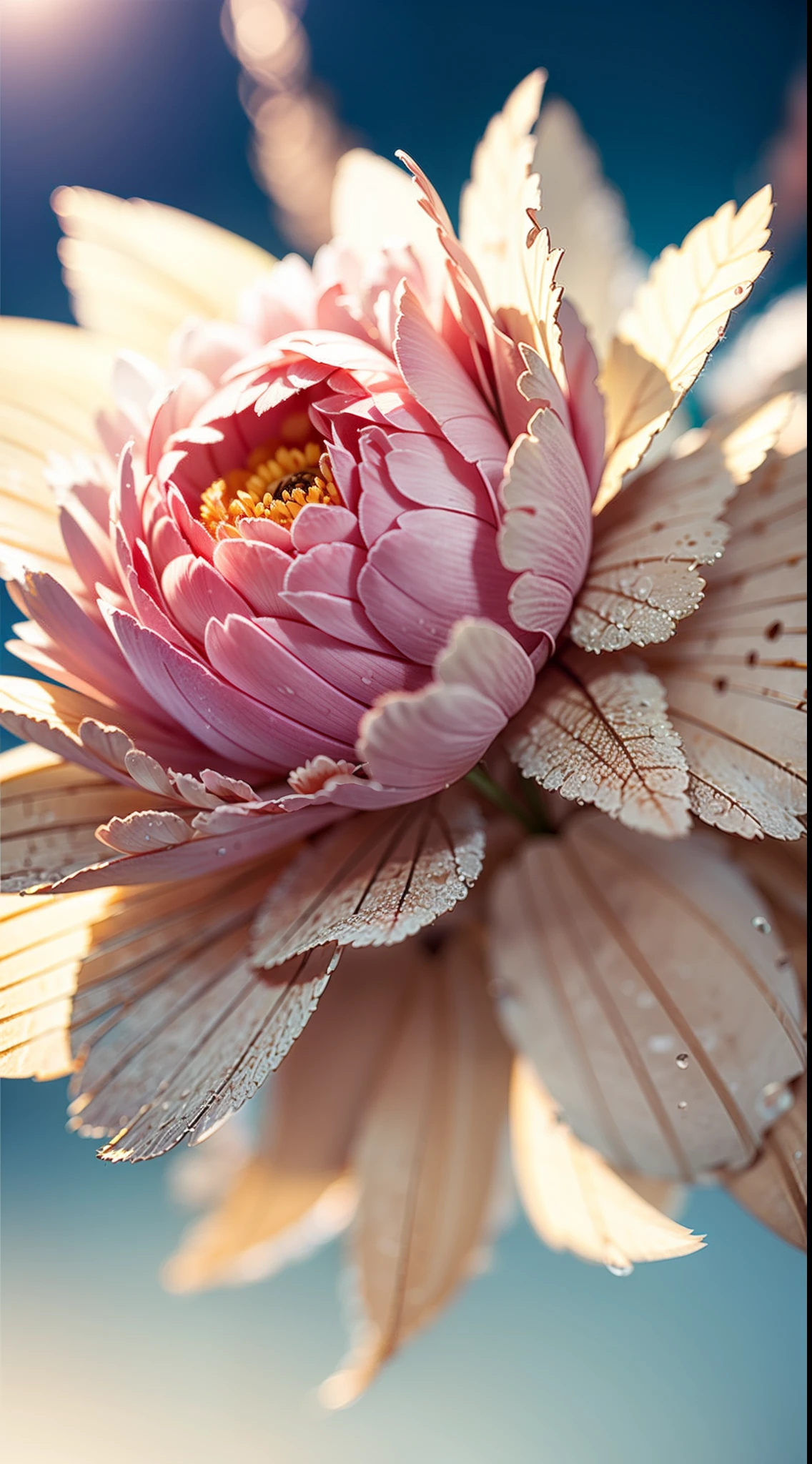 microscopic world , Masterpiece , Macro photography , cobweb, film grain, bokeh , smoke , highly detailed, Bright sunny weather, microflowers, drops, blur, realistic peony close-up, azure background, octane render , unreal engine