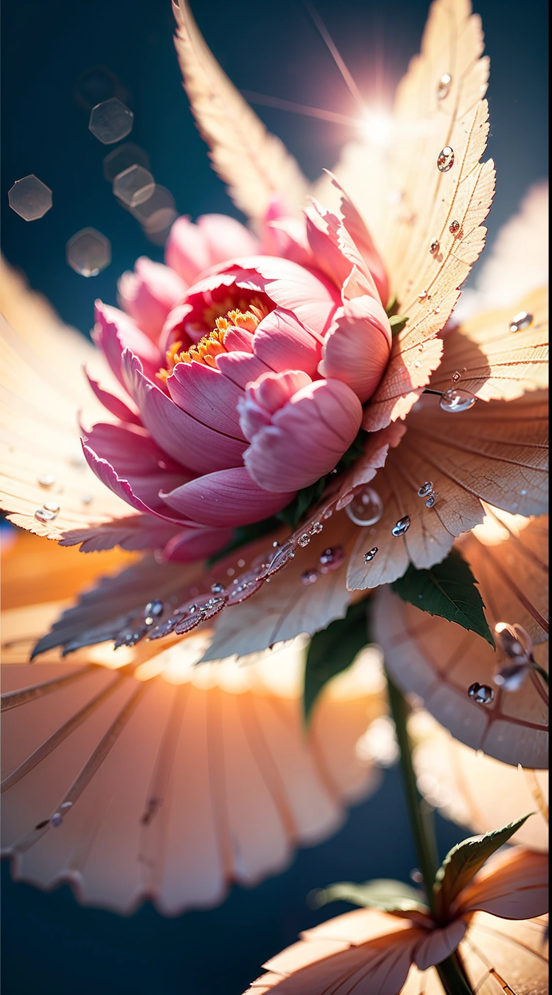 microscopic world , Masterpiece , Macro photography , cobweb, film grain, bokeh , smoke , highly detailed, Bright sunny weather, microflowers, drops, blur, realistic peony close-up, azure background, octane render , unreal engine