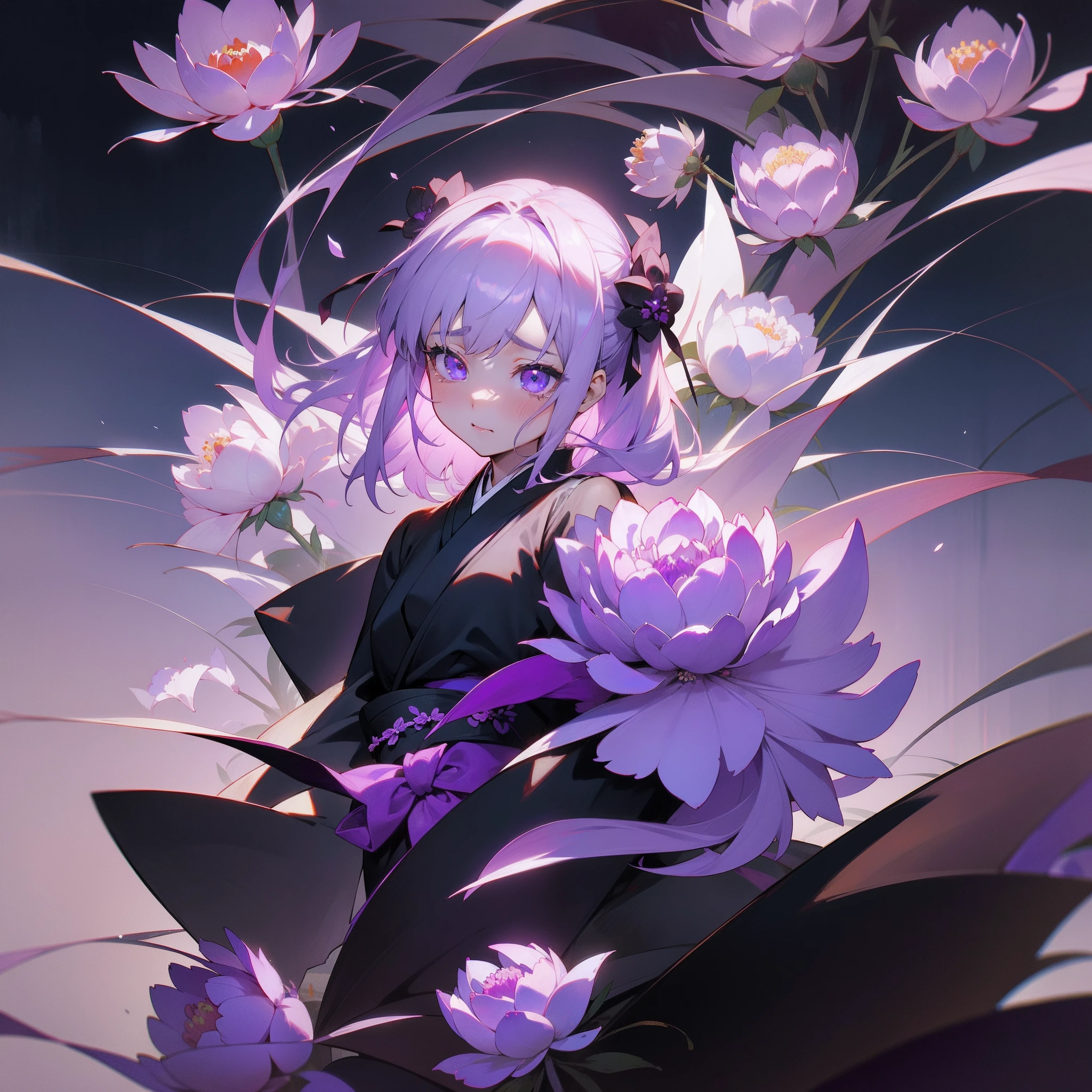 Lonely girl standing with white and purple hair fluttering。Black and purple kimono、Abundantly blooming peony flowers、Symbolizes despair and sadness、With tears in my eyes、Anger in her eyes、The world around her is black、Cold、ruthless、Top image quality、Landscape painting、Nero、Purple peony flowers、Under the Darkness、