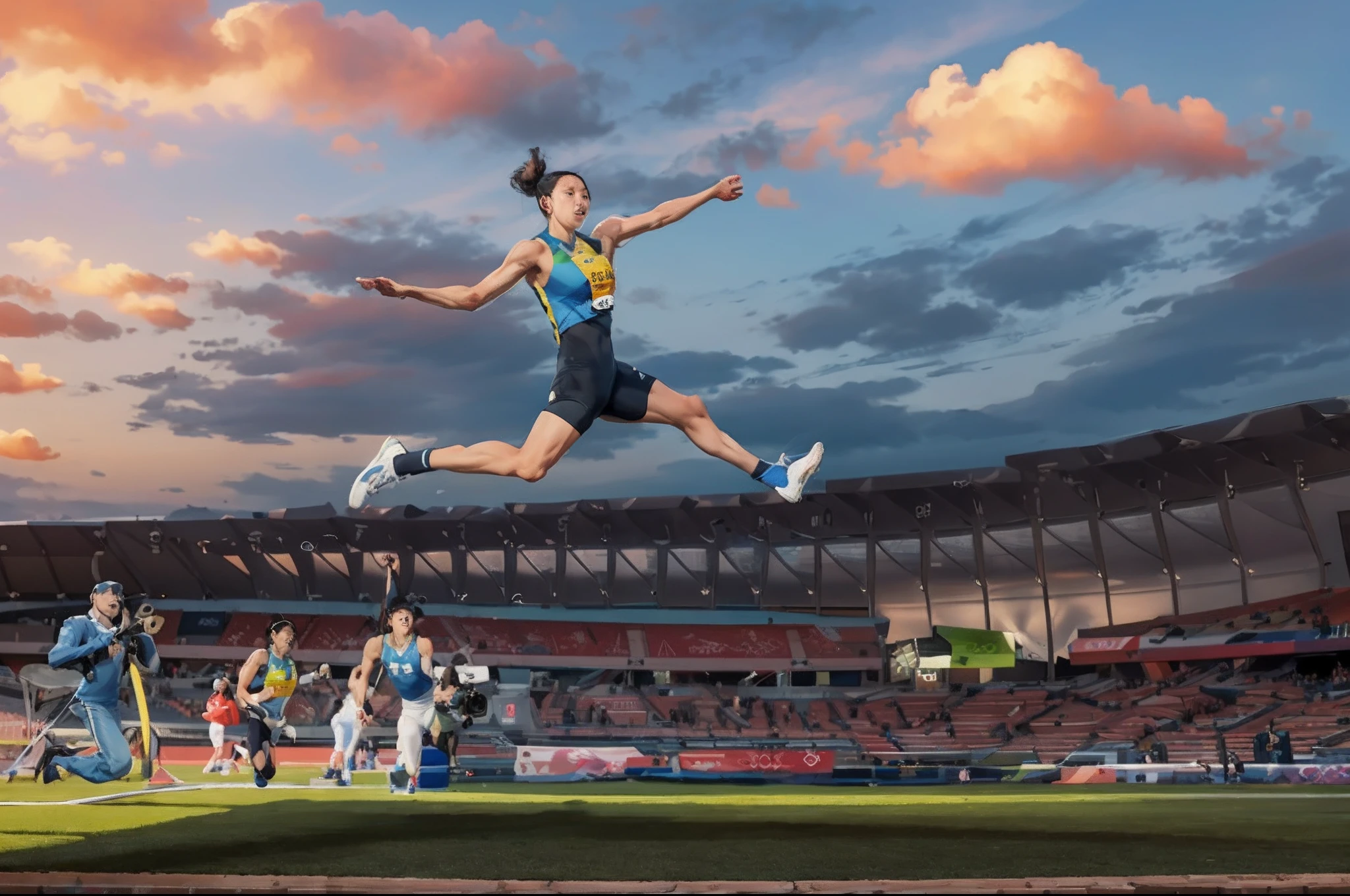 Chinese female athletes jumping in the air in a stadium, author:Marvern Gray Johnson, ultra - high jump, high-speed sports photography, author:Jacob Galmain, jaw dropping, leaping into the air, photo from the olympic games, author:David Eugene Henry, author:Josh Bayer, author:Harrington Mann, photo from a spectator, author:Alice Mason