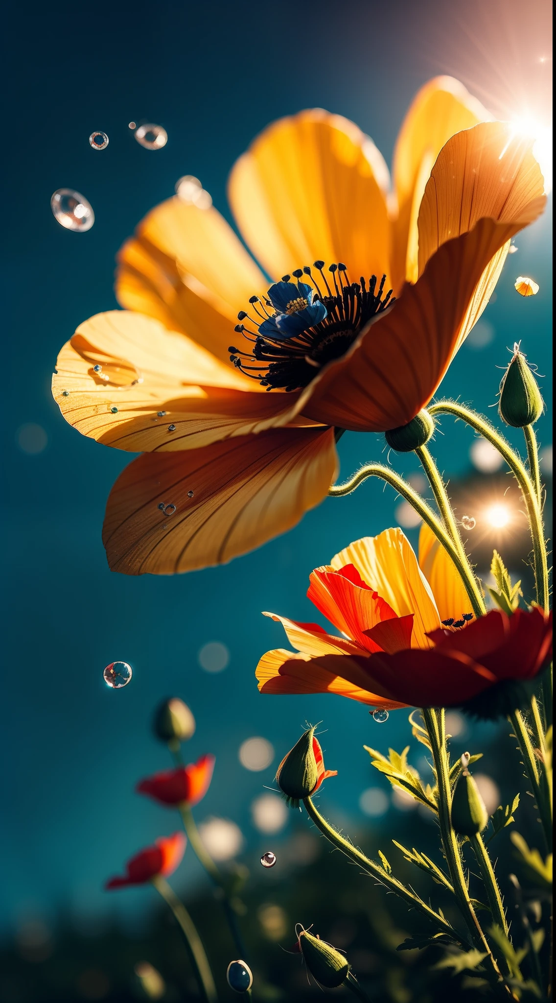 32k, Masterpiece, Highest quality, One girl, Detailed eyes, flower,Iceland Poppy, Blue and yellow style,A dreamy, romantic piece,Pale yellow, Mysterious Leaves,A playful arrangement,Fantasy,High Contrast,Ink strokes,explosion,Exposure, Impression of blue and yellow tones,Abstract,((Watercolours by John Berkey and Jeremy Mann )) Brush strokes,Negative Space, Tyndall effect,