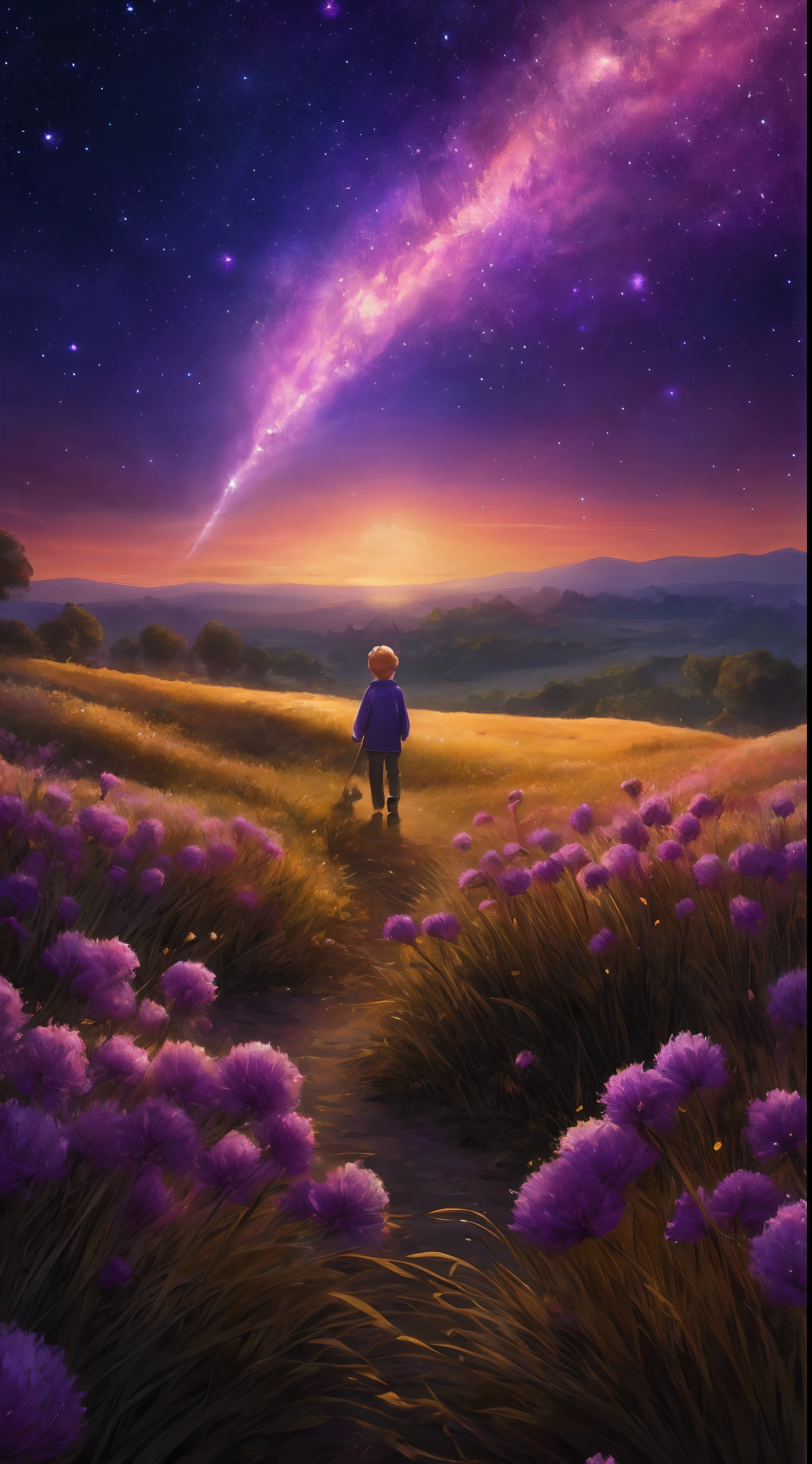purple flowers in a field with a little blonde boy walking towards a bright star filled sky, lost in a dreamy fairy landscape, whimsical fantasy landscape art, dreamlike digital painting, childrens art in artstation, endless cosmos in the background, painting of a dreamscape, looking out into the cosmos, beautiful art uhd 4 k, fantasy digital painting, background artwork, fantasy art landscape