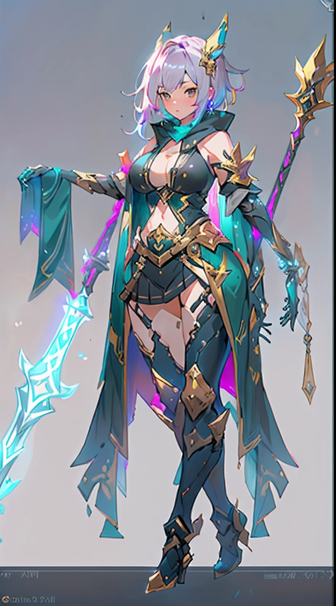 Design a layout showcase Gaming character, ((1girl)), assasin:1.4, Golden+Purple clothes, (big_boobs, big_ass), Black_Desert_style, stylish and unique, ((showcase weapon:1.4)), magic staff, (masterpiece:1.2), (best quality), 4k, ultra-detailed, (Step by step design, layout art:1.5), (luminous lighting, atmospheric lighting), Final Fantasy style, magican, ((glove full hands)), fran, viera, (((revealing clothes:1.3))), vambraces, armored legwear, (((full_body_shot:1.4))), Niji, back_view, T_pose