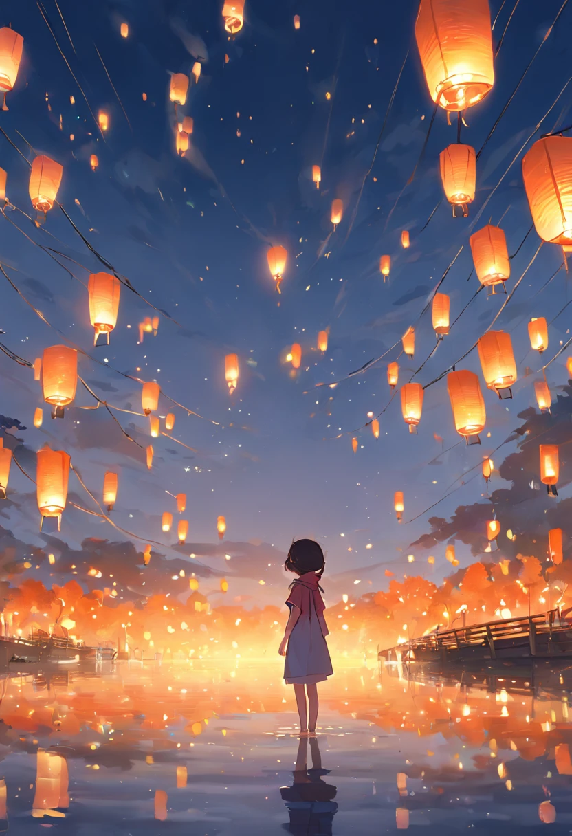 1 little girl put the river lamp by the river，Many sky lanterns are lit on the water, Floating lights, cinematic light and reflections, Glowing lights! Middle metaverse element，Digital painting, glowing reflections, Pondering. By Makoto Shinkai, Floating lanterns, calm evening. Digital illustration, beautiful ambiance, Sky lights at night, serene evening atmosphere, Beautiful digital artwork, low details. Digital painting, beautiful ambiance