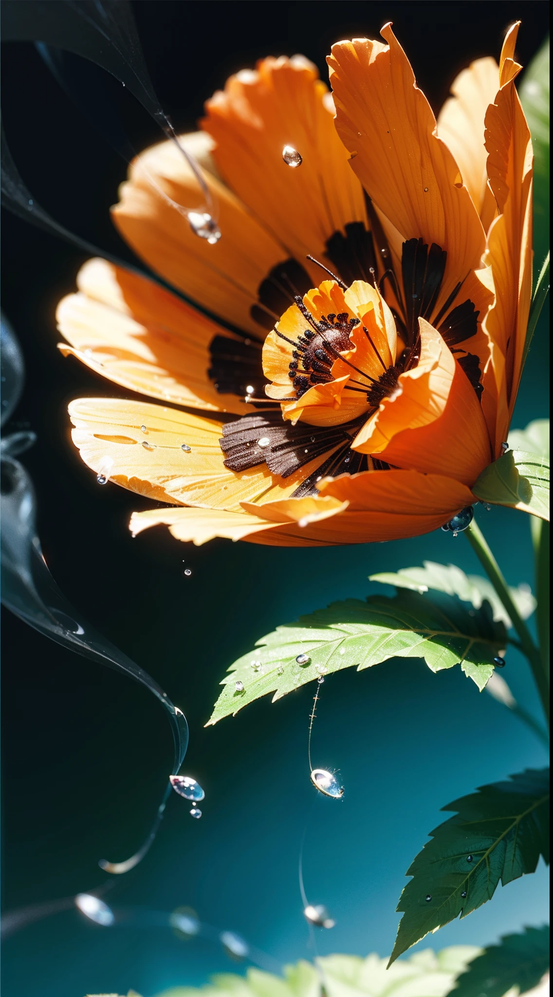 microscopic world , Masterpiece , Macro photography , cobweb, film grain, bokeh , smoke , highly detailed, Bright sunny weather, microflowers, drops, blur, realistic red poppy with black middle close-up, azure background, octane render , unreal engine