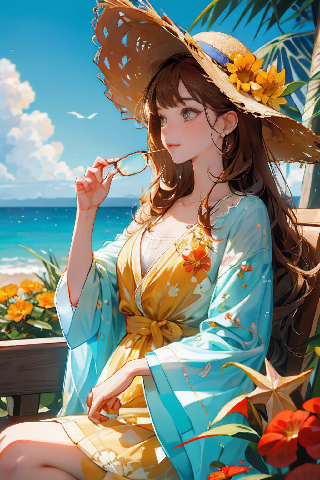 absurderes，A high resolution，ultra - detailed，1girl，独奏，Very detailed eyes，starfish，sea shell，sea shell，florals，Hats，hair adornments，jewely，Straw Hat Hat，looking at viewert，sun glasses，Cap flower，drinking straw，hair pin，耳Nipple Ring，Red flowers, colored glasses, yellowflower, By bangs, english text, Colorful hair, Orange flowers, brunette color hair, Nipple Ring, Ccup, long whitr hair, eye glass, dining, brown  hair, sportrait, shell hair ornament