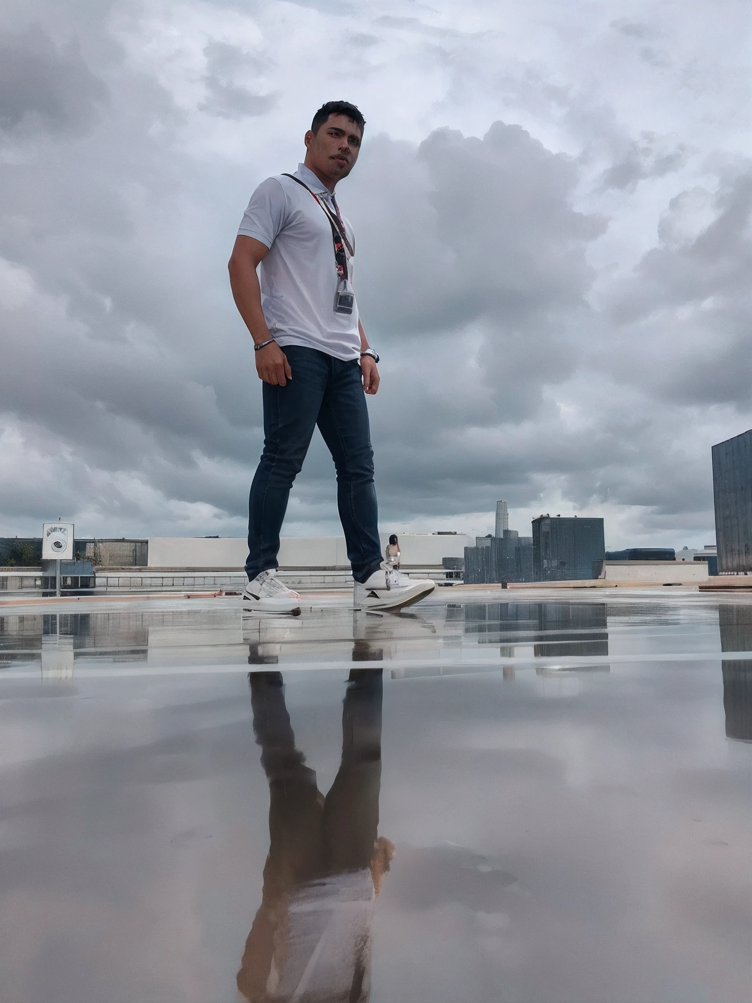 arafed man standing on a skateboard on a wet surface, standing on the water ground, standing on rooftop, standing on a skyscraper rooftop, standing on a rooftop, shot on gopro9, sitting on a reflective pool, taken with sony alpha 9, standing on a ship deck, in future airport rooftop, taken with sony a7r camera