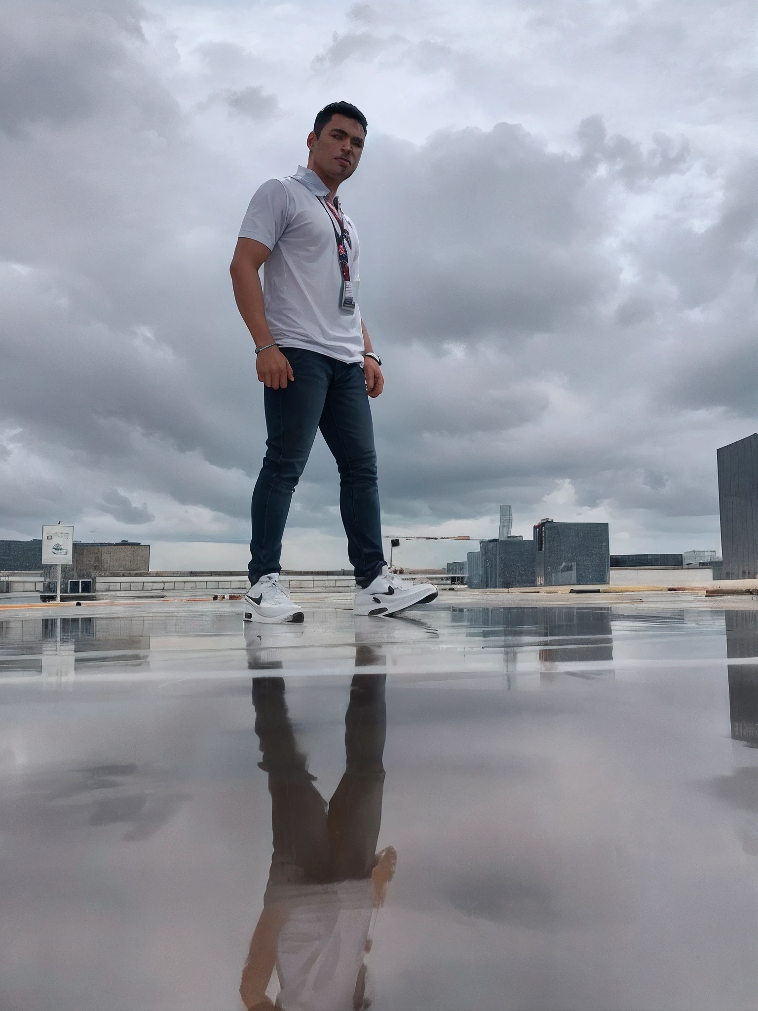 arafed man standing on a skateboard on a wet surface, standing on the water ground, standing on rooftop, standing on a skyscraper rooftop, standing on a rooftop, shot on gopro9, sitting on a reflective pool, taken with sony alpha 9, standing on a ship deck, in future airport rooftop, taken with sony a7r camera