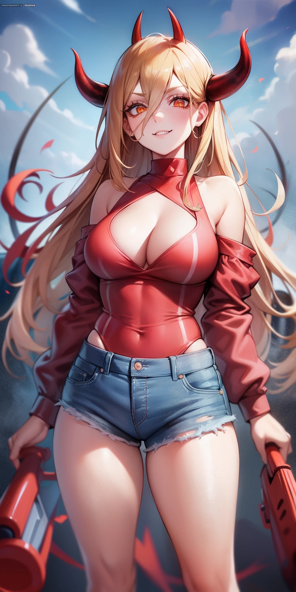 76-1Shirt, 1girl, power (chainsaw man), horns, long hair, cat, shorts, outdoors, sky, cloud, shirt, red horns, smile, white cat, hair between eyes, solo, (red shirt:1.4), denim, looking at viewer, (cross-shaped pupils:1.4), symbol-shaped pupils, blonde hair, long sleeves, day, denim shorts, blue sky, demon horns, yellow eyes, standing, cloudy sky, (realistic:0.5), masterpiece, solo, (best quality, perfect detailed, beautifully detailed face, detailed eyes), glistening shiny, ray tracing, DOF, HDR, gradient eyes, sharp eyelashes, ((eyelashes)), mascara, detail_face, eyelashes, shiny hair, flirting, seductive smile, parted lips, medium breasts, (cleavage:1.3), bare shoulder, (soft particles floating:1.1), ((looking at viewer)), (playmate pose:1.1), (full body:1.1), ((8k wallpaper)), ((highres)),
