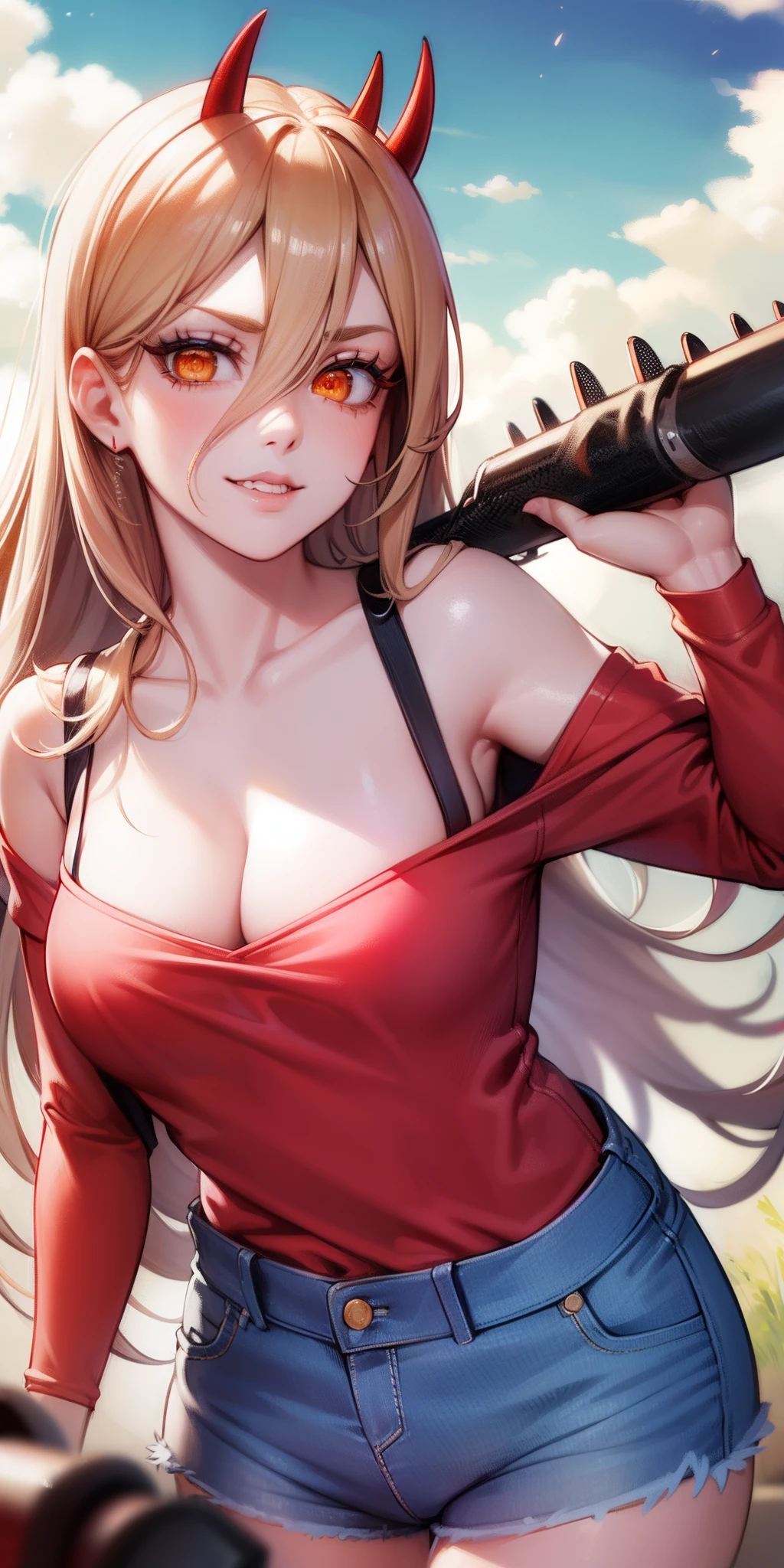 76-1Shirt, 1girl, power (chainsaw man), horns, long hair, cat, shorts, outdoors, sky, cloud, shirt, red horns, smile, white cat, hair between eyes, solo, (red shirt:1.4), denim, looking at viewer, (cross-shaped pupils:1.4), symbol-shaped pupils, blonde hair, long sleeves, day, denim shorts, blue sky, demon horns, yellow eyes, standing, cloudy sky, (realistic:0.5), masterpiece, solo, (best quality, perfect detailed, beautifully detailed face, detailed eyes), glistening shiny, ray tracing, DOF, HDR, gradient eyes, sharp eyelashes, ((eyelashes)), mascara, detail_face, eyelashes, shiny hair, flirting, seductive smile, parted lips, medium breasts, (cleavage:1.3), bare shoulder, (soft particles floating:1.1), ((looking at viewer)), (playmate pose:1.1), (full body:1.1), ((8k wallpaper)), ((highres)),