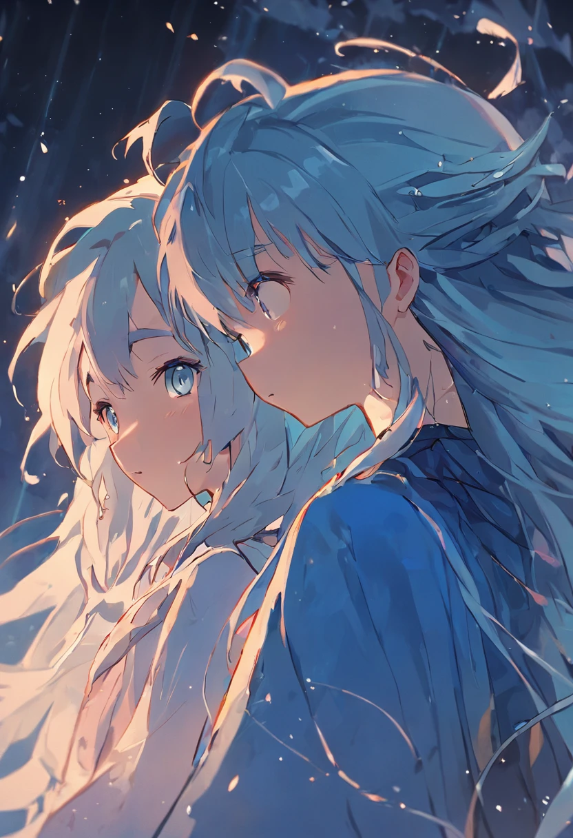 Imagem de duas meninas de vestido azul, uma com cabelos loiros cacheados e compridos, olhos azuis, e a outra com cabelos azuis, olhos azuis, asas sutis de fada, near a tree. A imagem deve ser realista, mas com ar de conto de fadas.