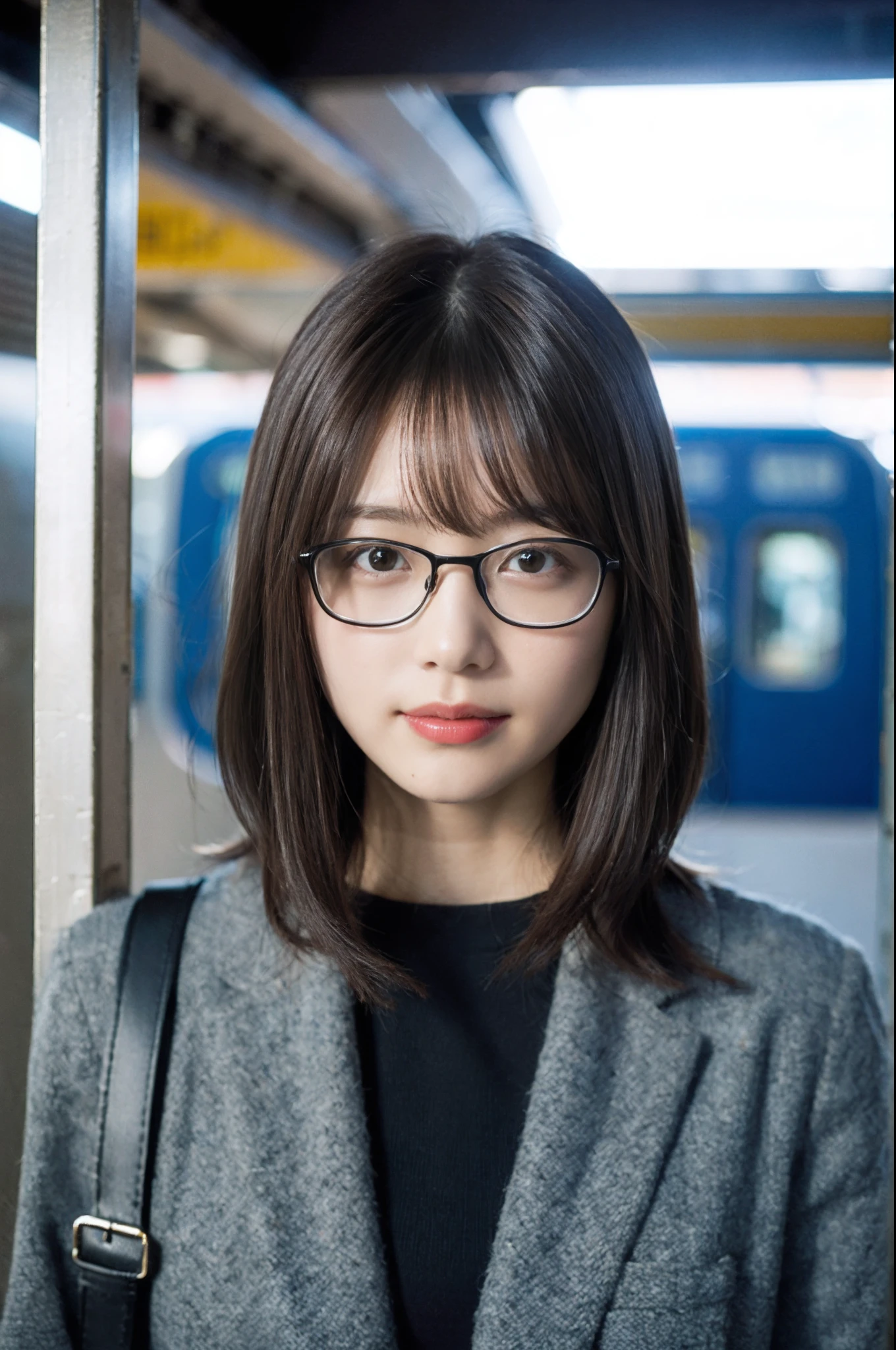(8K、Raw photography、top-quality、masterpiece:1.2)、(realisitic、Photorealsitic:1.37)、ultra-detailliert、超A high resolution、女の子1人、see the beholder、beautifull detailed face、A smile、Constriction、(Slim waist) :1.3)、short-cut、Beautiful detailed skin、Skin Texture、Floating hair、Professional Lighting、Wait for the platform train、Black square glasses 、Whole human body、Brown hair
