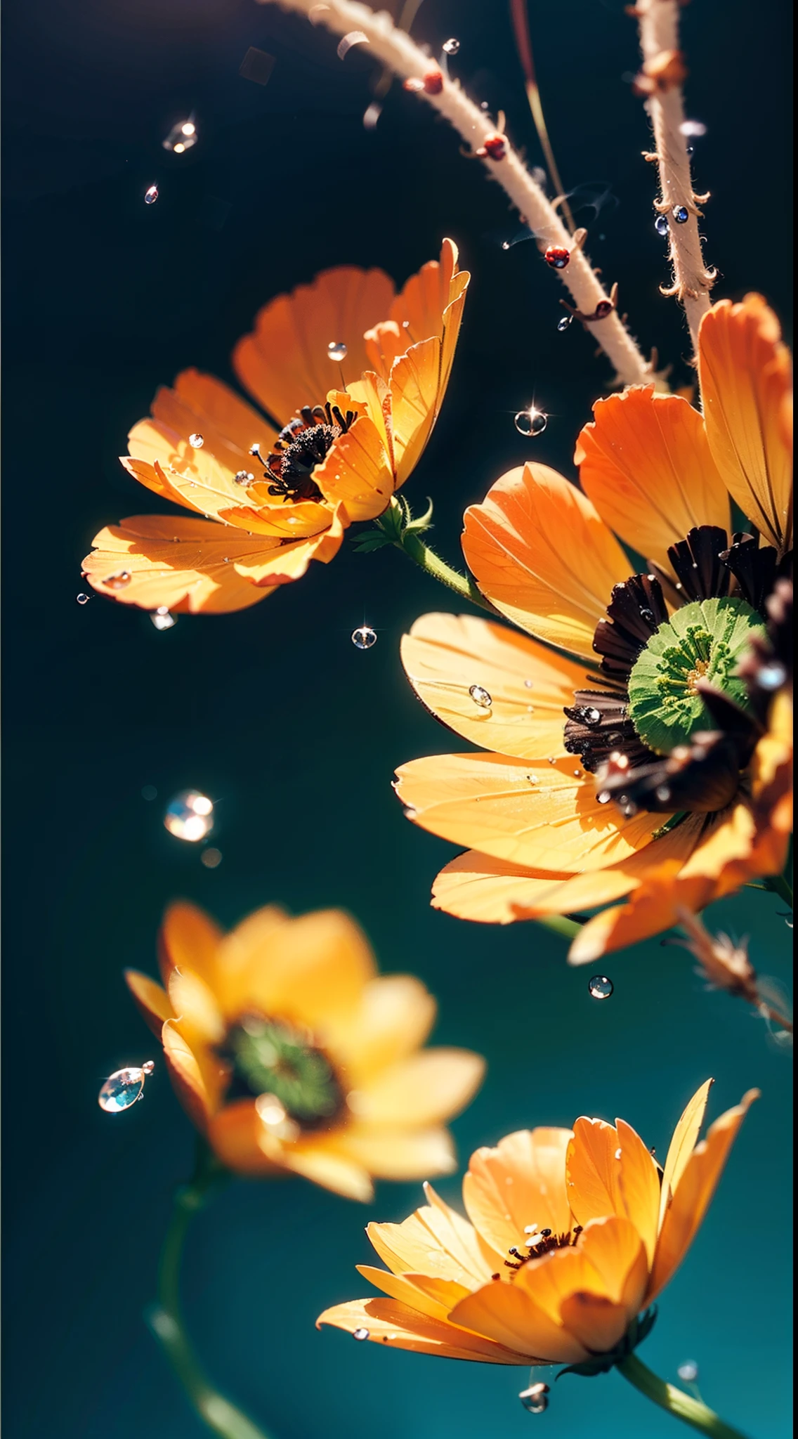 microscopic world , Masterpiece , Macro photography , cobweb, film grain, bokeh , smoke , highly detailed, Bright sunny weather, microflowers, drops, blur, realistic red poppy with black middle close-up, azure background, octane render , unreal engine