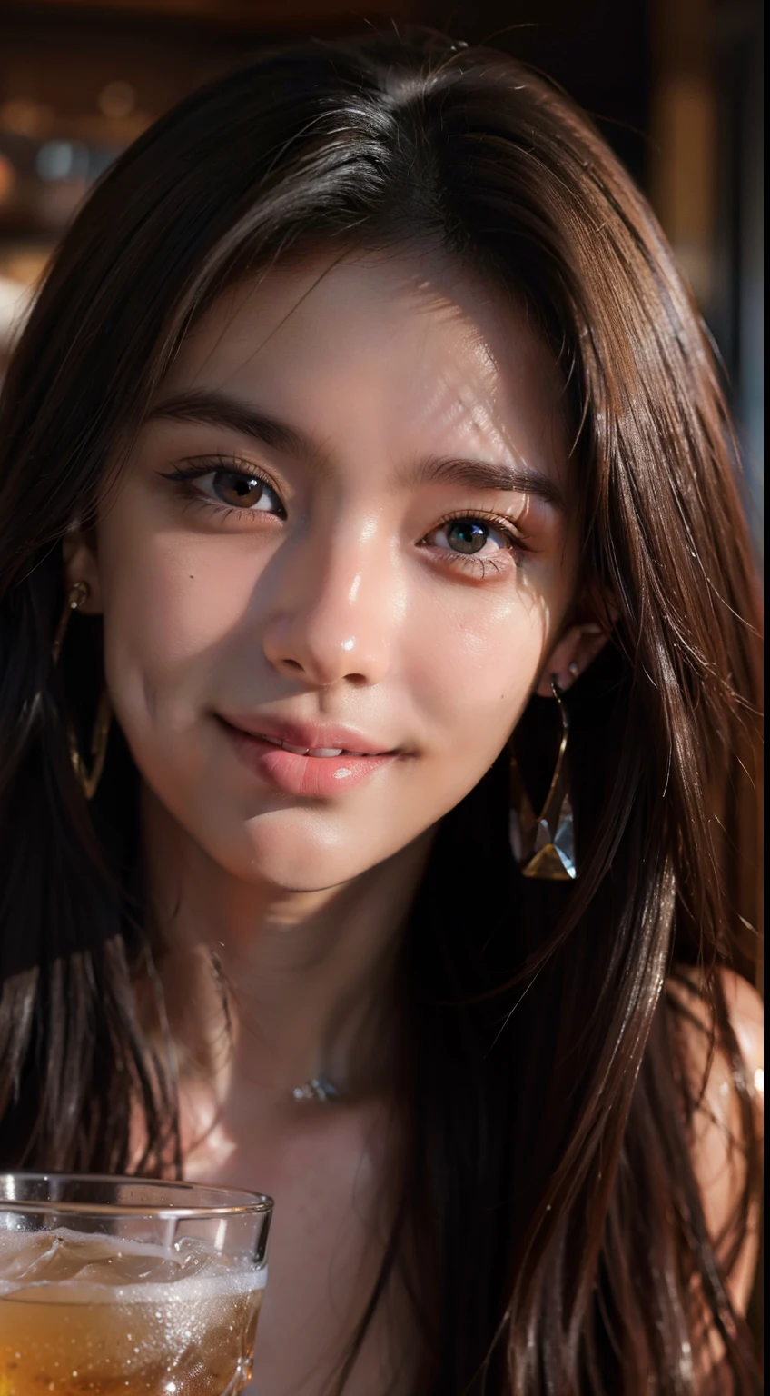 masterpiece, top quality, raw photo, photorealistic, big, face light, shiny skin, high resolution, super detail, detail, detailed eyes and face, sharp pupils, smile, sharp focus, shiny skin, brown hair, long hair, earrings, tavern, drinking alcohol in bar