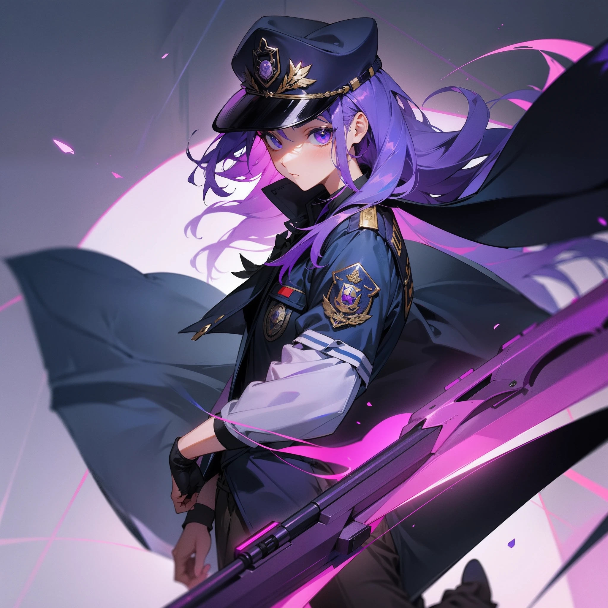 Purple colored hair,Police hat,The background is the universe,s girl,Captain's clothes,With a scythe ,There is a police badge on his body,4K,dingdall effect