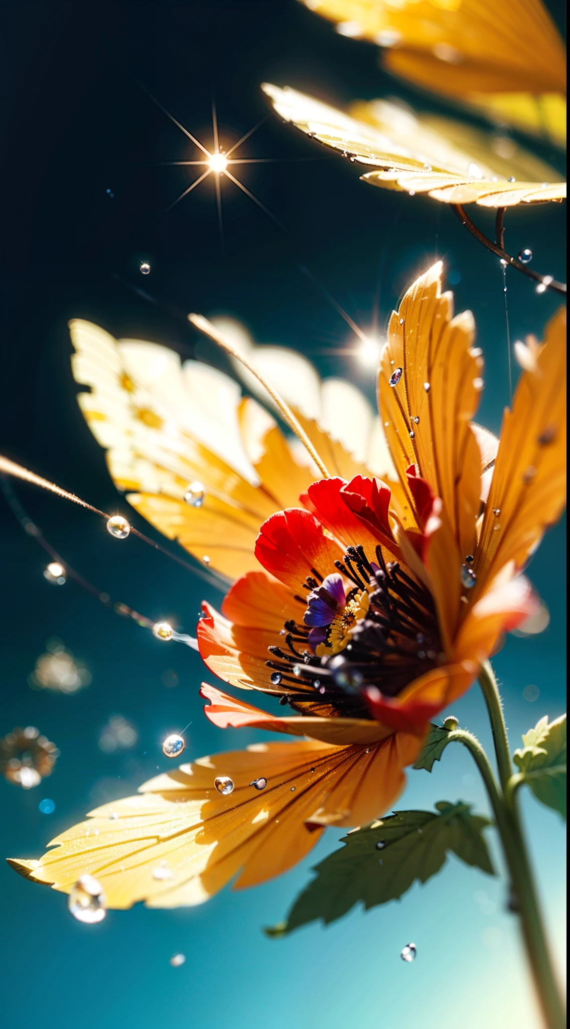 microscopic world , Masterpiece , Macro photography , cobweb, film grain, bokeh , smoke , highly detailed, Bright sunny weather, microflowers, drops, blur, realistic red poppy with black middle close-up, azure background, octane render , unreal engine
