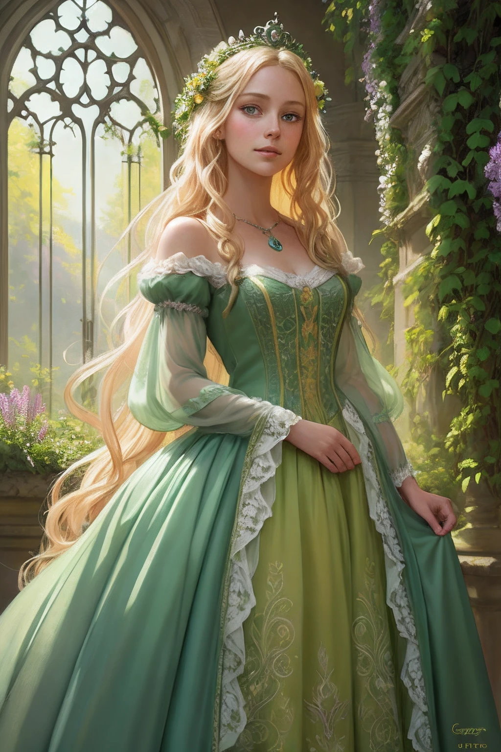 Flower Princess, Rapunzel, Beautiful, Glowing yellow glow, Long blonde hair, Green eyes, Lilac flower dress, Green ivy, Nice young face, Soft tan skin, Concept art portrait by Greg rutkowski, Art germ, Ultra-detailed and intricate Gothic art trends in Artstation ternary colors, Fantastical, intricately details, Splash screen, Complementary colors, fantasy concept art, 8K resolution, Oil painting, Heavy strokes