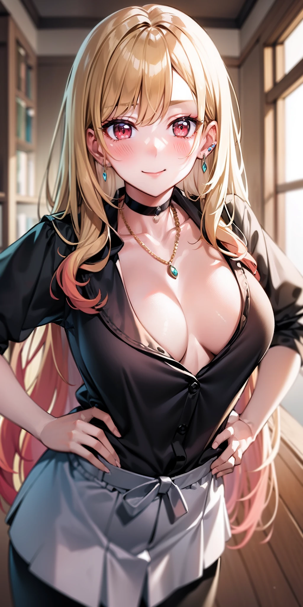 (((masterpiece))), MarinKitagawa, 1girl, solo, long hair, looking at viewer, blush, smile, blonde hair, shirt, red eyes, cleavage, jewelry, medium breasts, closed mouth, collarbone, upper body, earrings, choker, collared shirt, necklace, leaning forward, black choker, piercing, ear piercing, hands on hips, gyaru,
