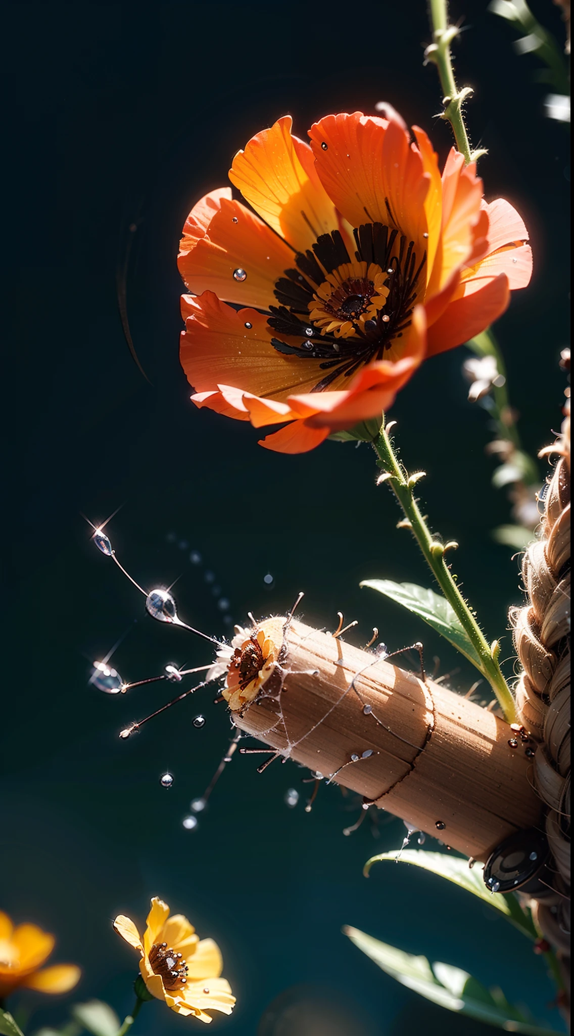 microscopic world , Masterpiece , Macro photography , cobweb, film grain, bokeh , smoke , highly detailed, Bright sunny weather, microflowers, drops, blur, realistic red poppy with black middle close-up, azure background, octane render , unreal engine