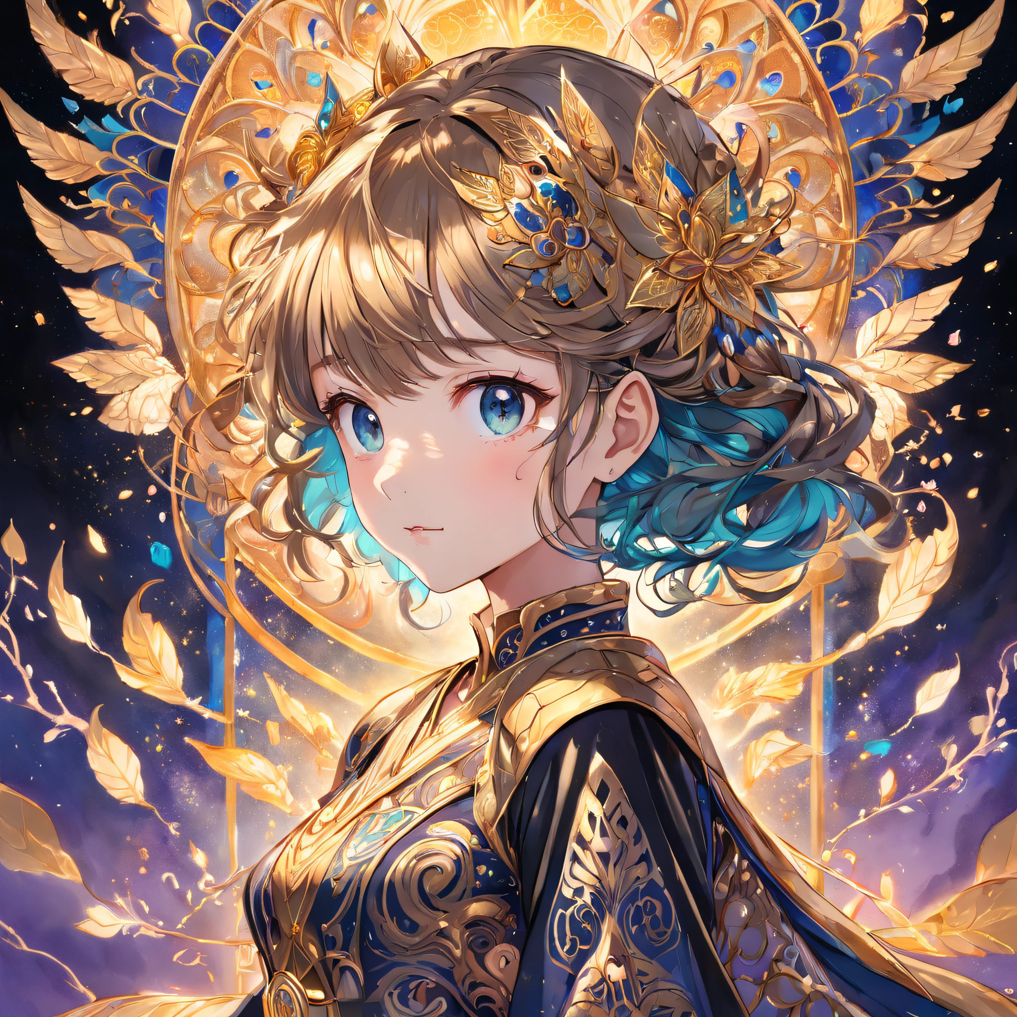 (masterpiece, top quality, best quality, official art, beautiful and aesthetic:1.2), (1girl), extreme detailed,colorful,highest detailed, official art, unity 8k wallpaper, ultra detailed, beautiful and aesthetic, beautiful, masterpiece, best quality, (zentangle, mandala, tangle, entangle) ,holy light,gold foil,gold leaf art,glitter drawing, PerfectNwsjMajic