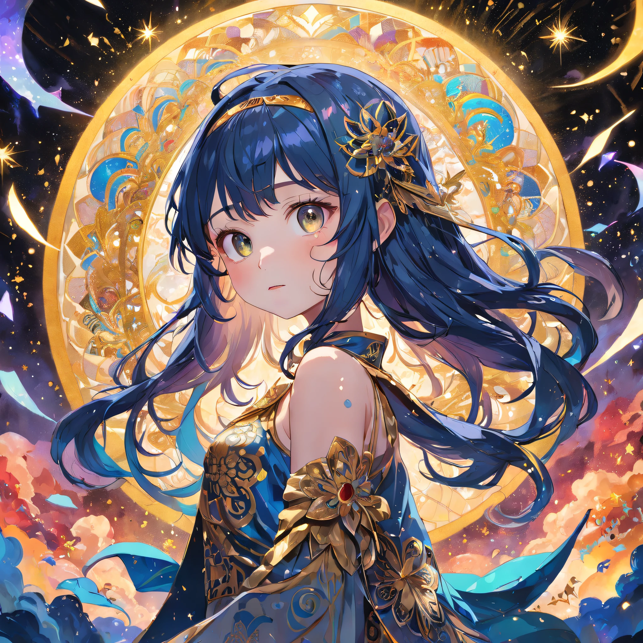 (masterpiece, top quality, best quality, official art, beautiful and aesthetic:1.2), (1girl), extreme detailed,colorful,highest detailed, official art, unity 8k wallpaper, ultra detailed, beautiful and aesthetic, beautiful, masterpiece, best quality, (zentangle, mandala, tangle, entangle) ,holy light,gold foil,gold leaf art,glitter drawing, PerfectNwsjMajic