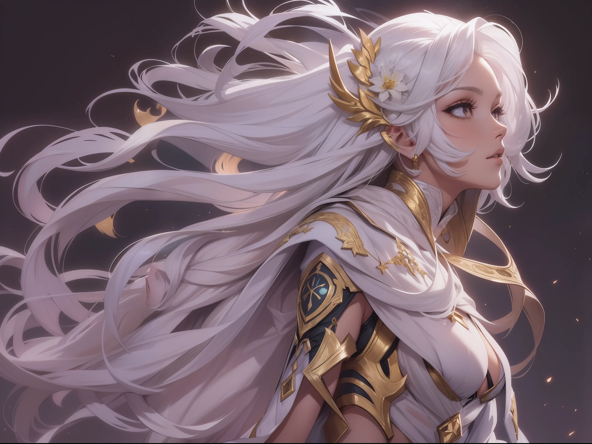 ((Masterpiece, Highest quality)), Detailed face, CharacterDesignSheet, full bodyesbian, Full of details, Multiple poses and expressions, Highly detailed, Depth, Many parts,(Kizi:1.3),extremy detailed,rich colourful,highest details,s the perfect face,The upper part of the body,hdr,(long white hair:1.5)(white cloak golden lines:1.2),galaxias,(light stre),striking visual effects,(dynamic streaks,Luminous trajectory:1.2),vivd colour