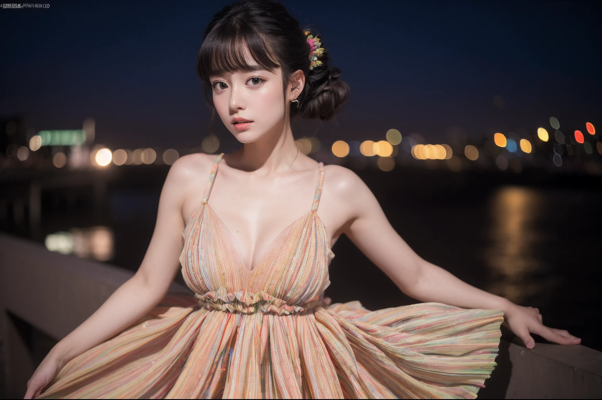 the Extremely Detailed CG Unity 8K Wallpapers、top-quality、ultra-detailliert、​masterpiece、studio shoot、Upper body portrait、(Multicolor pleated dresses in bright tones:1.4), realisitic、Behind the photo、large full breasts、realisitic、Photo Real、extremely detailed cute girl、独奏、sixteen years old、Melancholy look,  Outdoor live stage at night, A dark-haired, updo hair, out of focus、blur、