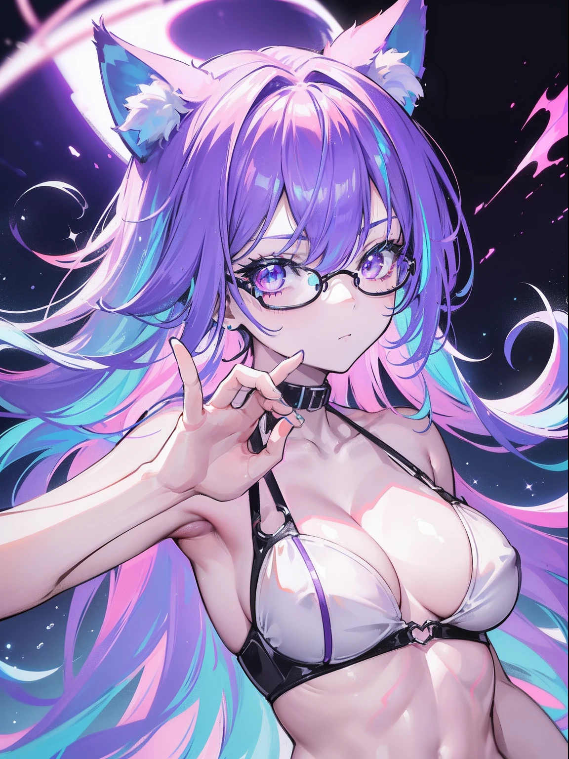 (Cat ears), realistic shadow, realistic lighting, Rainbow color effect, ((cybernetic anime girl)), (glasses), collarbone, side cut, looking at viewer, blurry background, neon, freckles, (best quality), (high resolution), (sharp focus), (ultra detailed), (extremely detailed), (extremely high quality artwork), flawless, (((masterpiece))), vibrant colors, (intricate), High contrast, strong shadows, HDR (High Dynamic Range), Post-processing, (((liquid paint hair:1.1,neon purple hair|neon aqua hair|purple hair|fuchsia hair|amethyst hair|neon hair|bright blue hair :1.5,bright hair: 1.3,hair made of paint and defies gravity,thick flowing,paint splatter:1.3,shiny hair: 1.3,vibrant colored hair))), top rated on pixiv, perfect eyes, beautiful detailed eyes ,gradient eyes, (((lustrous skin:1.5,bright skin: 1.5,skin tanned,shiny skin, very shiny skin, shiny body, plastic glitter skin,exaggerated shiny skin))), wide hip, athletic body, detailed body, detailed arms, human hands, detailed hands,), cute, fluorescent and neon clothing, (dynamic pose:1.0)