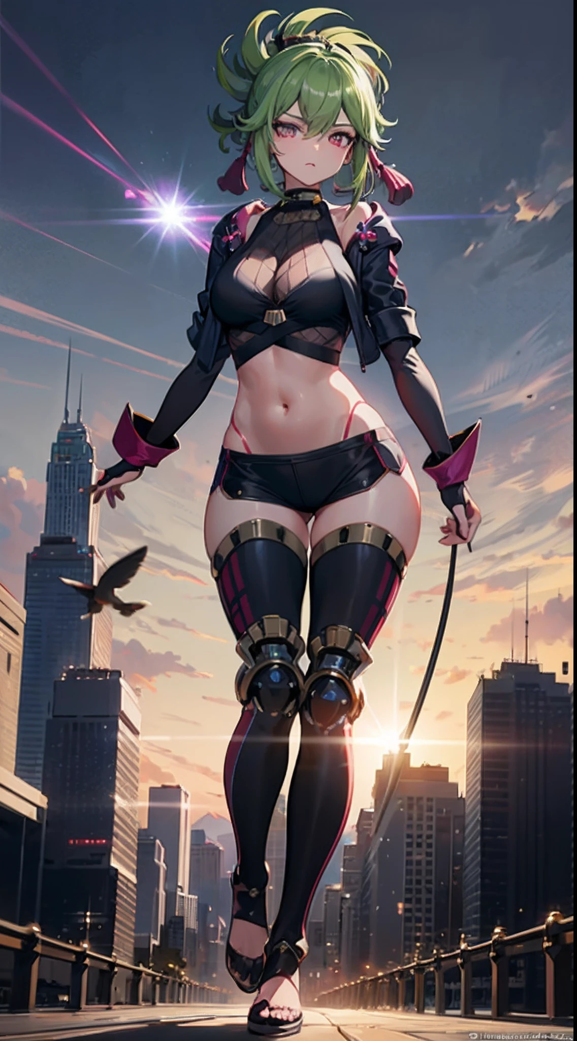 Double tail feathers, (excellent, professional, surreal), Towering buildings rise from the ground to create a magnificent landscape of the futuristic city............ in the center of the image, A huge and gorgeous robot tower... Fluorescent pink metal shell, and delicate textures and complex lines of high-tech robot figures............ High Robot Robot, Show incomparable greatness and power........... The robot has a bright LED embedded in its shoulder..........., Flashing in various vivid colors, golden eyes, Like the bright stars of the city of the future............ Its arms are equipped with powerful energy weapons and are ready to face the challenge of battle............ next to the robot..........., We see impressive teenagers............ She was wearing a black leather jacket and tight black socks..........., Highlight your perfect figure. The surface of the black leather jacket contrasts with the metal surface of the robot..........., Unique visual effects display. The girl's steadfast and determined eyes show that she is not afraid........... (The girl is in good condition..........., Wear leather clothes..........., Navel Show, Medium breasts and clear facial details)