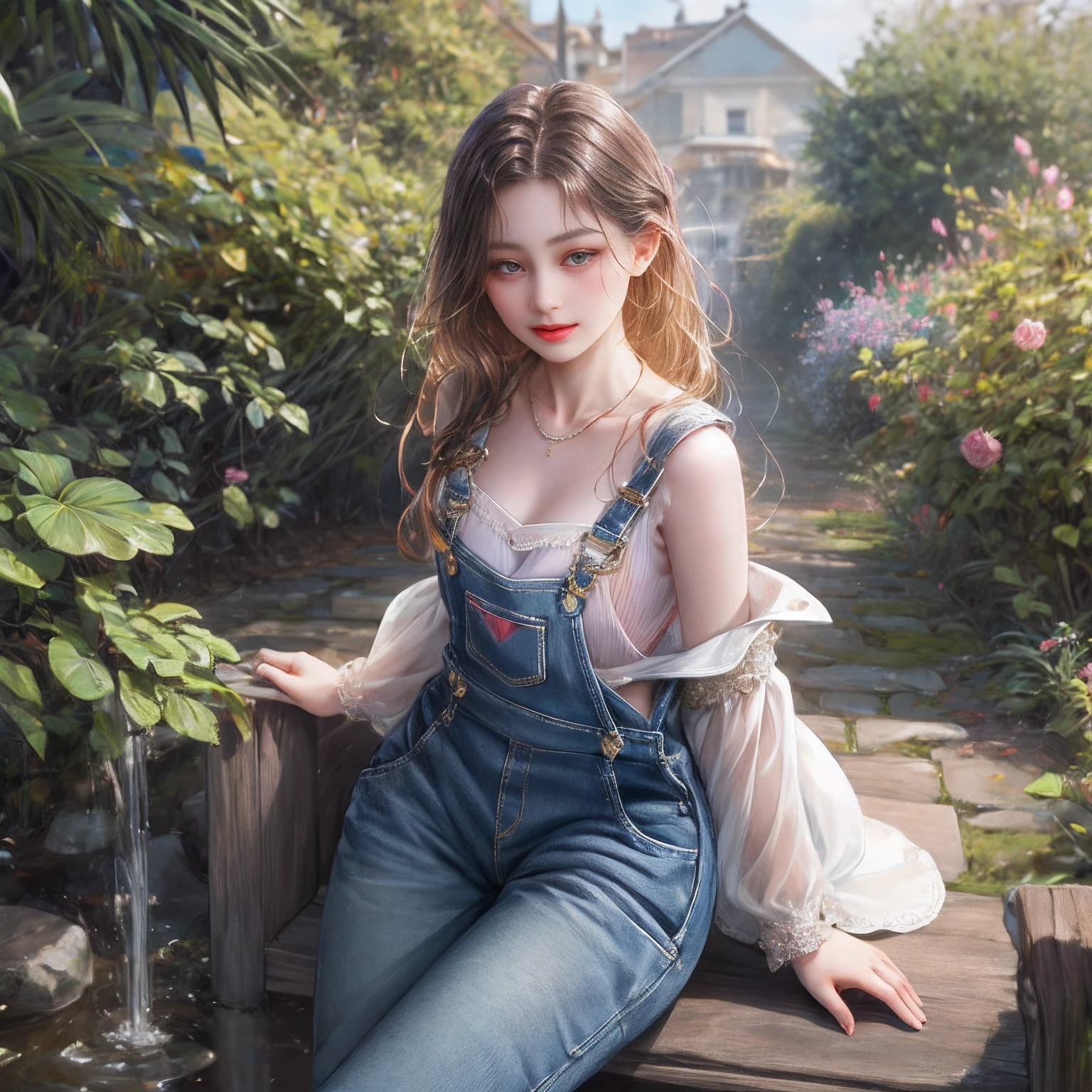 (absurderes、Hi-Res、ultra-detailliert)、1girl in、独奏、barroco、a necklace、elegent、colourfull、highestdetailed、The upper part of the body、plein air、garden、best qualtiy, Hyper High Detail, Cinematic lighting，From  above ,Modern， Full body like，refined face，kawaii faces，Skin reflection，25 years old female，slimfigure，A slender,cropped shoulders，Outside,((Woman in overalls)),