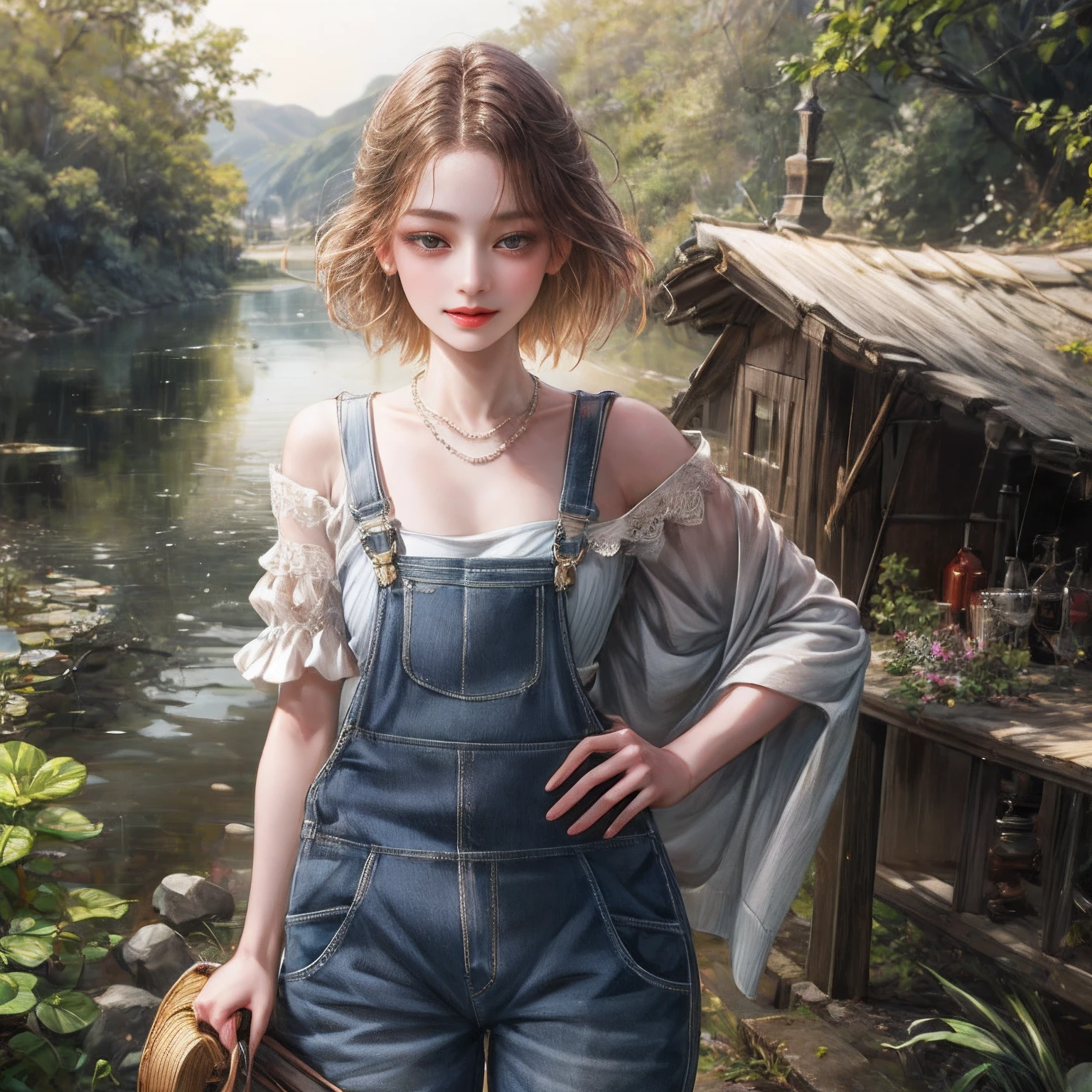 (absurderes、Hi-Res、ultra-detailliert)、1girl in、独奏、barroco、a necklace、elegent、colourfull、highestdetailed、The upper part of the body、plein air、garden、best qualtiy, Hyper High Detail, Cinematic lighting，From  above ,Modern， Full body like，refined face，kawaii faces，Skin reflection，25 years old female，slimfigure，A slender,cropped shoulders，Outside,((Woman in overalls)),