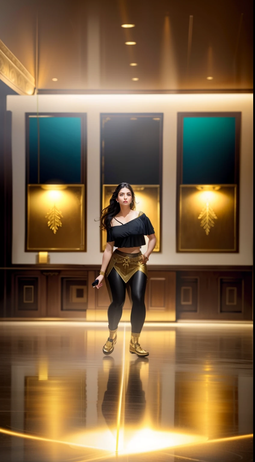 A masterpiece of art with superior quality. Represent a 30-year-old full-body woman in an environment reminiscent of an ancient medieval castle. The woman should be dressed in an outfit that resembles crystals, reflecting light in a dazzling way. Your hair should glow like the sun, emanating a radiant glow. The image should be extremely detailed and colorful, Add touches of sacred light and gold leaf in the composition. Create a beautiful and aesthetic atmosphere by evoking the feel of a masterpiece in high quality.