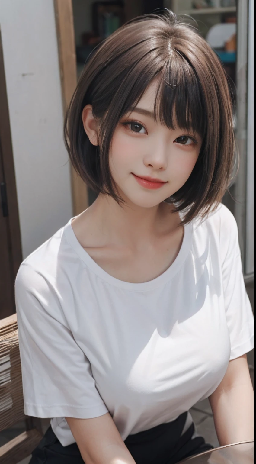 tmasterpiece，top-quality，超高分辨率，（photograph of-realistic：1.4），（（1个Giant Breast Girl，Fair skin：1.4，Look up at the viewer，19years old，prette，adolable，brunette color hair，Bob_cut，cabelo curto com franja）），A girl with a perfect figure，Fully transparent T-shirt，cowboy lens，Coffee on the table，The large，Pubic hair shows through，（ssmile，cheerfulness，cheerfulness，cheerful big breasts，Keep one's mouth shut），（Huge breasts），High detail eyes，long necks，（（（cabelo curto com franja）））），eyeslashes，largeeyes，（（（is very beautiful，is very beautiful）），（（（Natural soft light，Prick your ears，staring at the audience，seduce to viewer，Highlight the eyes）））），the lora：GirlfriendMix 2：1