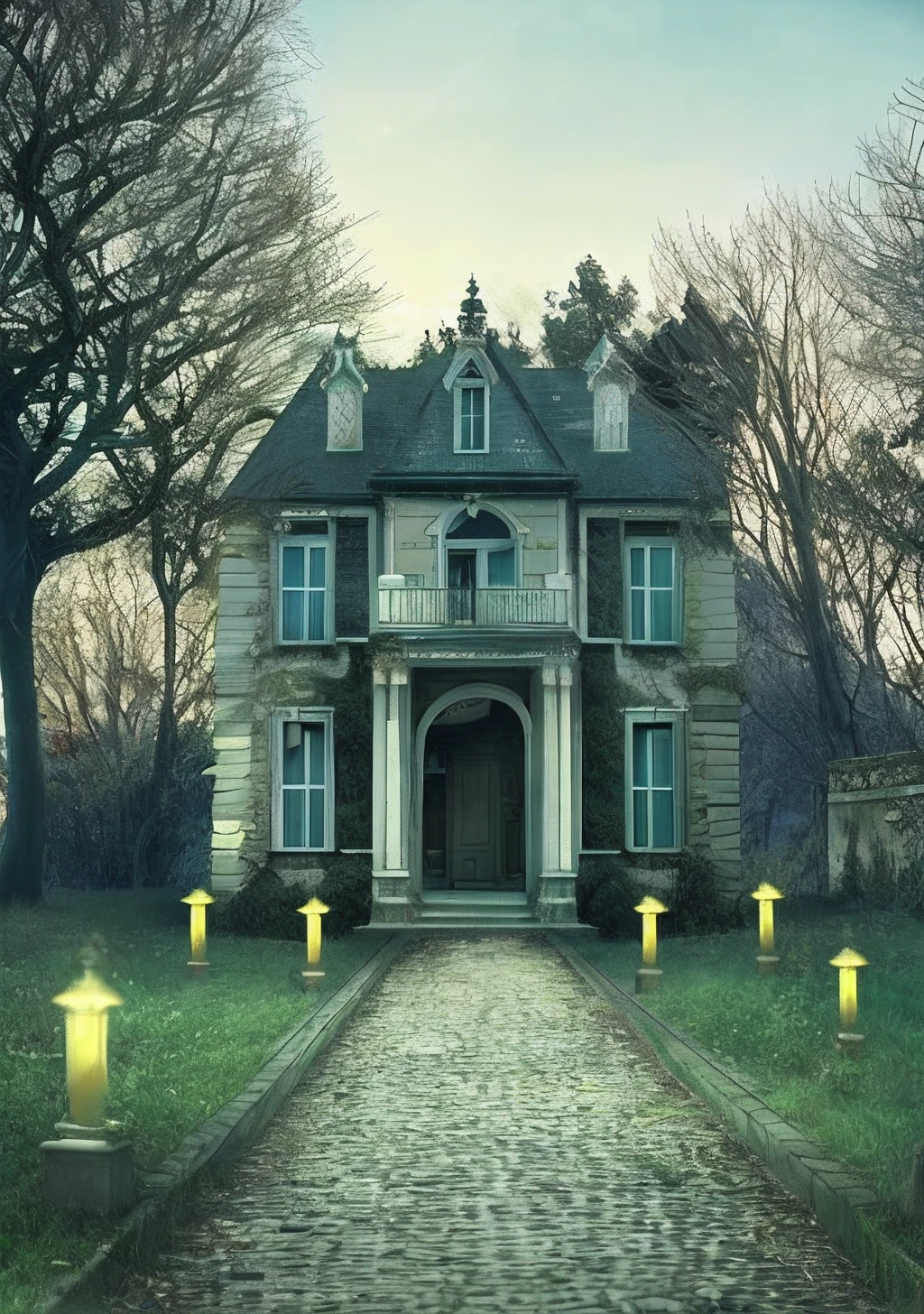 Exterior shot of an abandoned villa，eventide，halloween，uncanny，mystical energy in the air，Cobblestone paths，Tree